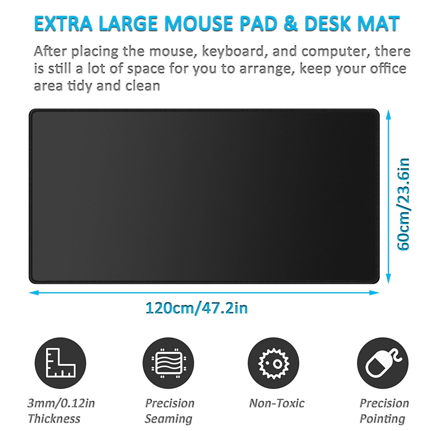LL-COEUR Black Large Waterproof Mouse Mat 47.2x23.6x0.12inch, Long PC Keyboard Pad Extended Office
