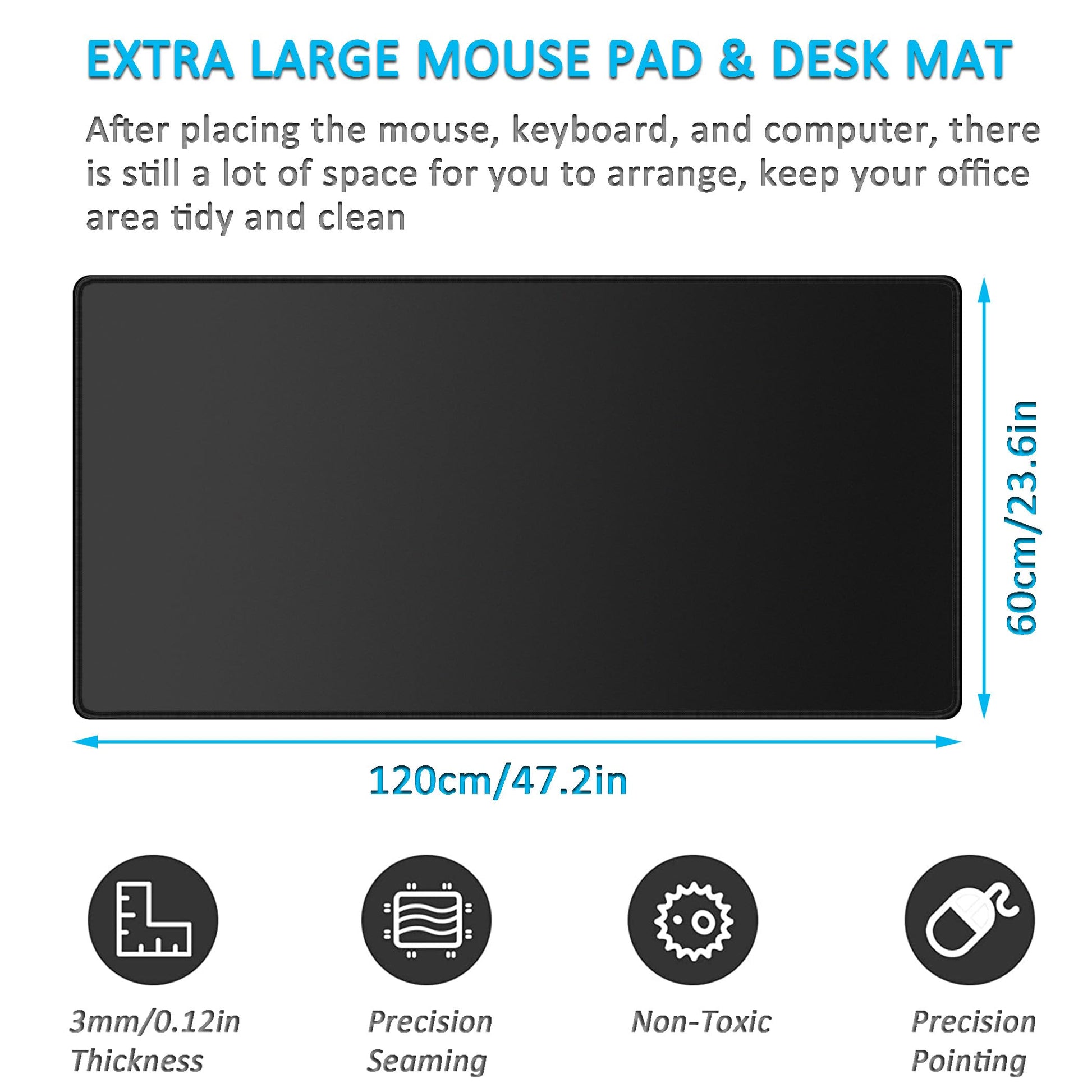 LL-COEUR Black Large Waterproof Mouse Mat 47.2x23.6x0.12inch, Long PC Keyboard Pad Extended Office