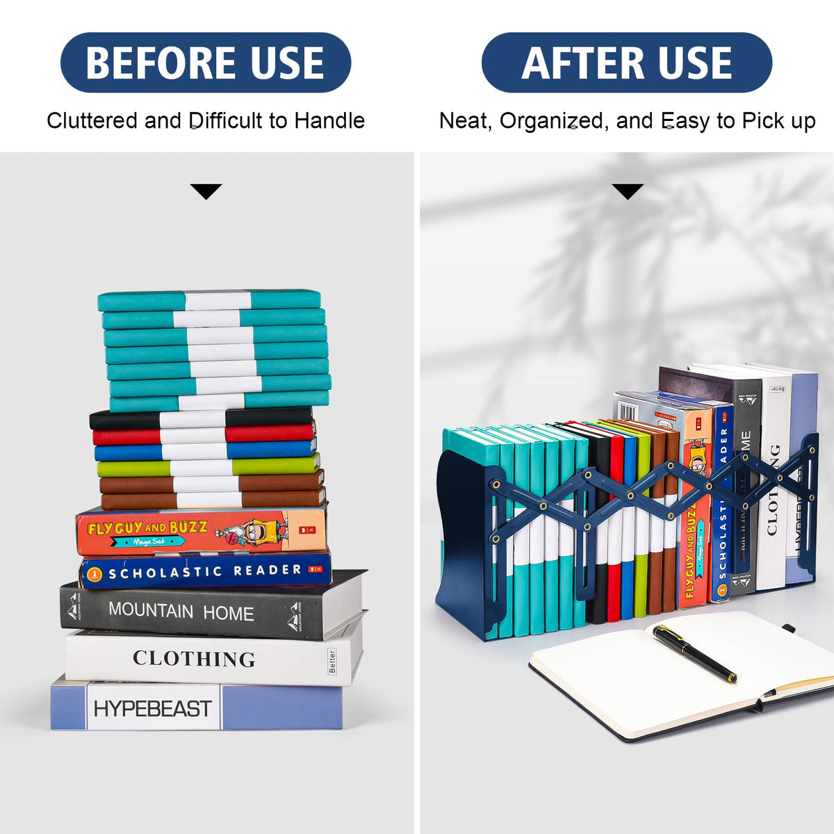 2 Pack Adjustable Metal Book Ends for Heavy Books, Extends Up to 19", Blue