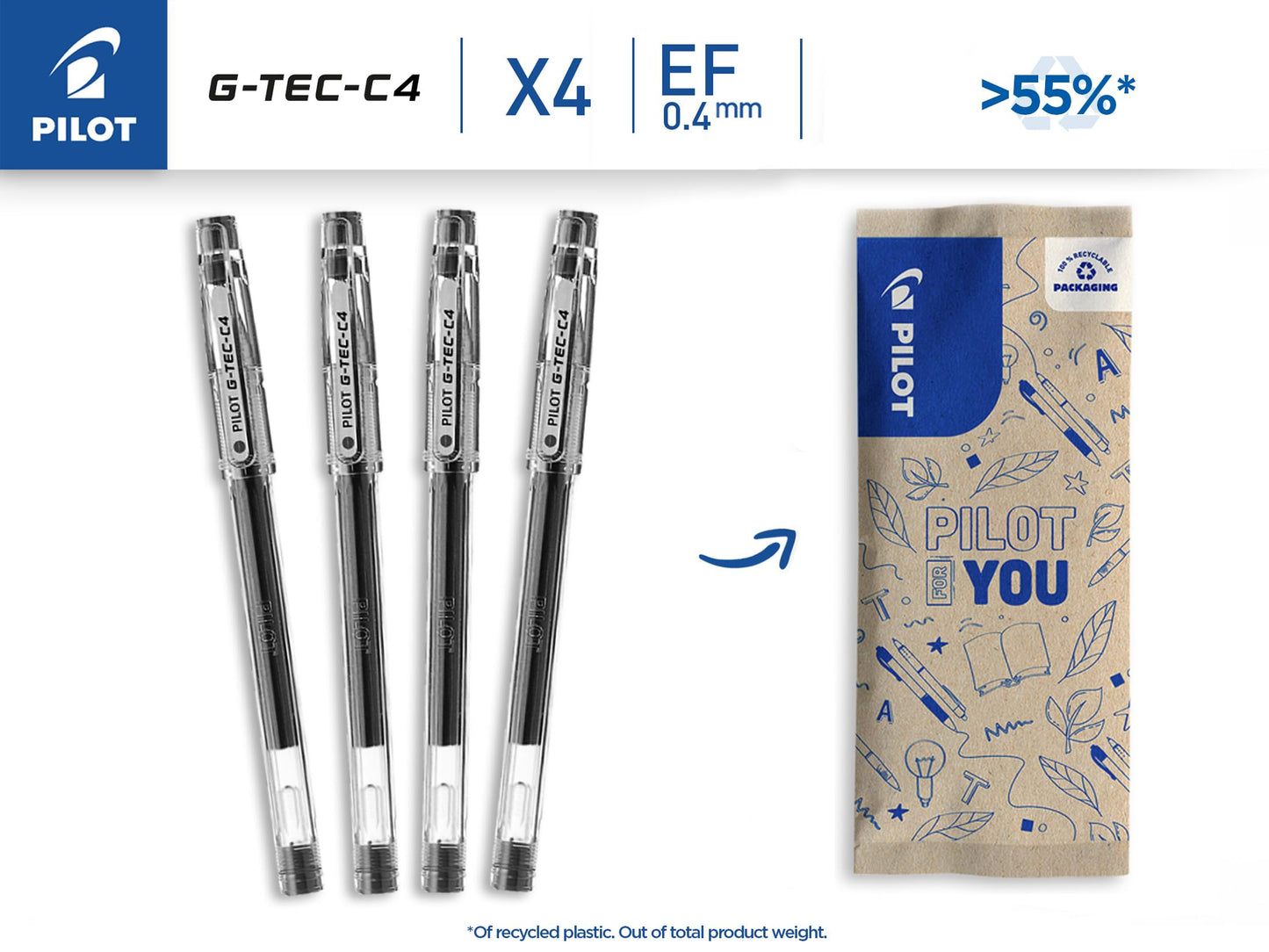 Pilot Gtec C4 Gel Rollerball Tip - Black (Pack of 4)