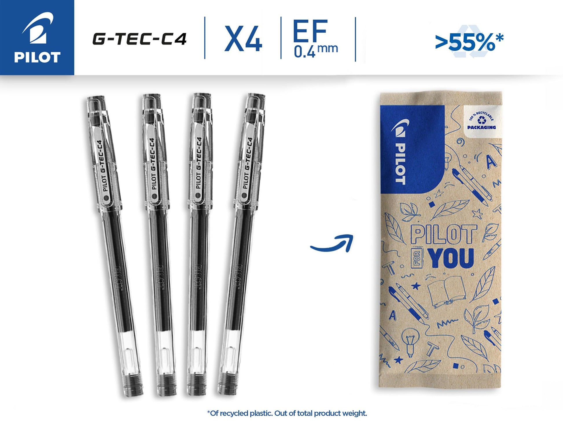 Pilot Gtec C4 Gel Rollerball Tip - Black (Pack of 4)
