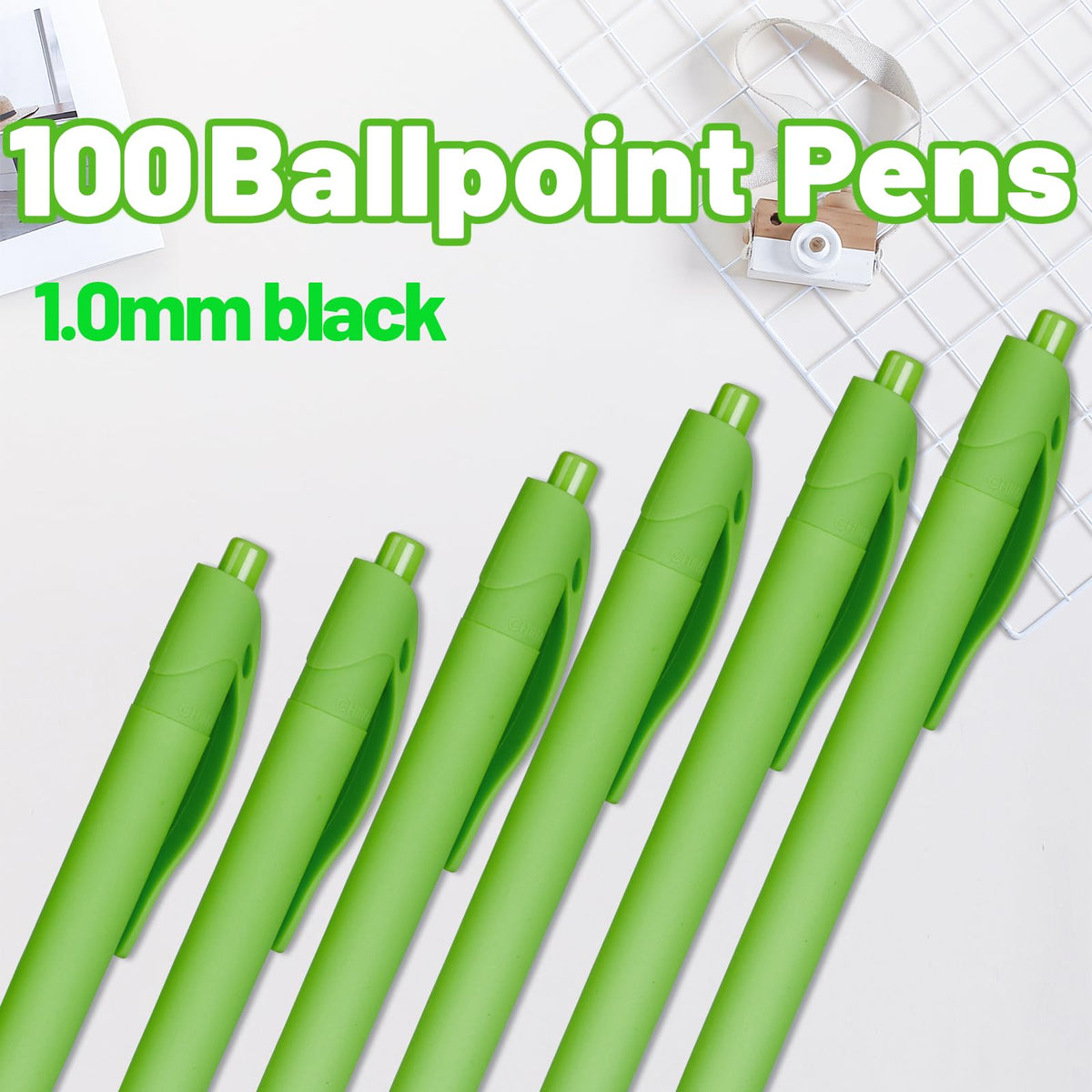 Wiaziert BallPoint Pens, 100 Pack (BLACK Ink),Bulk Pens, Light Green Barrel,Click Pens for Office