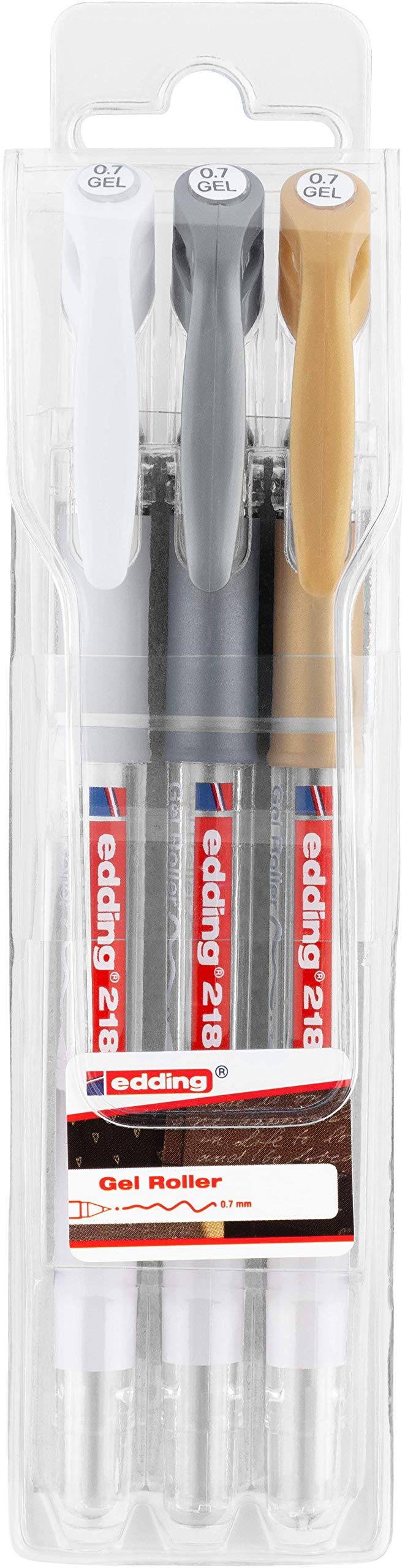 edding 2185 gelroller - wit, goud, zilver (metallic) - set van 3 - 0,7 mm - gelpens voor schrijven