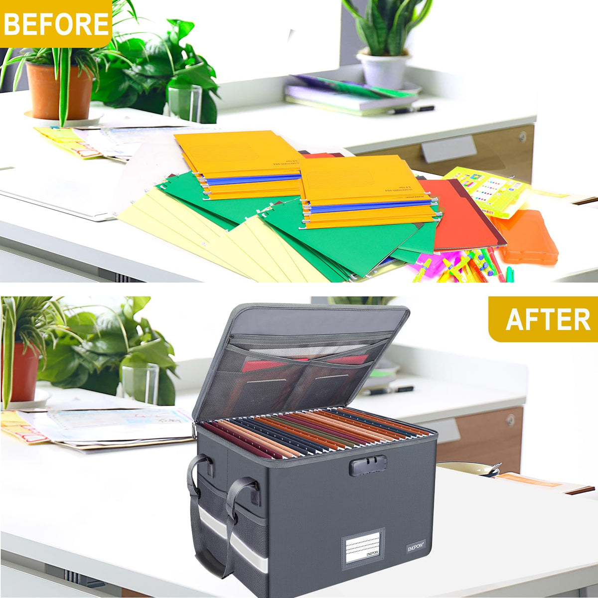ENGPOW File Box with Lock, Fireproof Document Box with Zipper Lid, Collapsible File Organizer