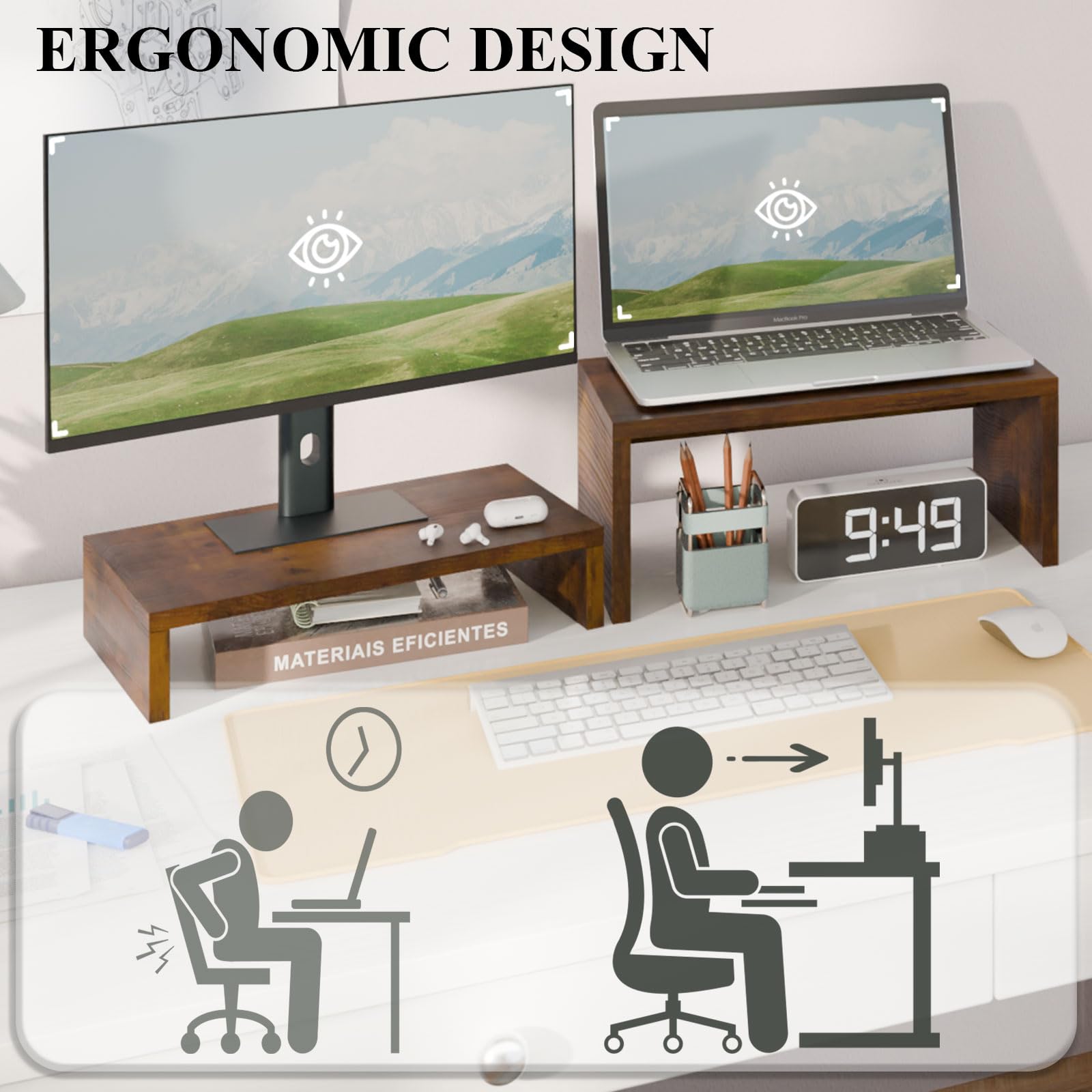 TEAMIX 2-Pack Monitor & Laptop Stand Riser, Wood High-Low Dual Monitor Set