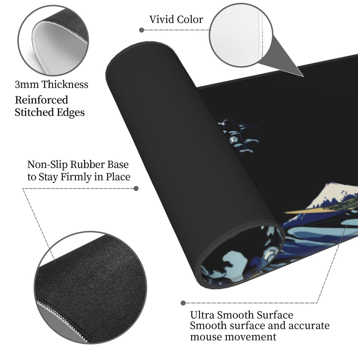 Japan Sea Great Wave Black XXL XL Large Gaming Mouse Pad for Desk, Non-Slip Long Extended Keyboard
