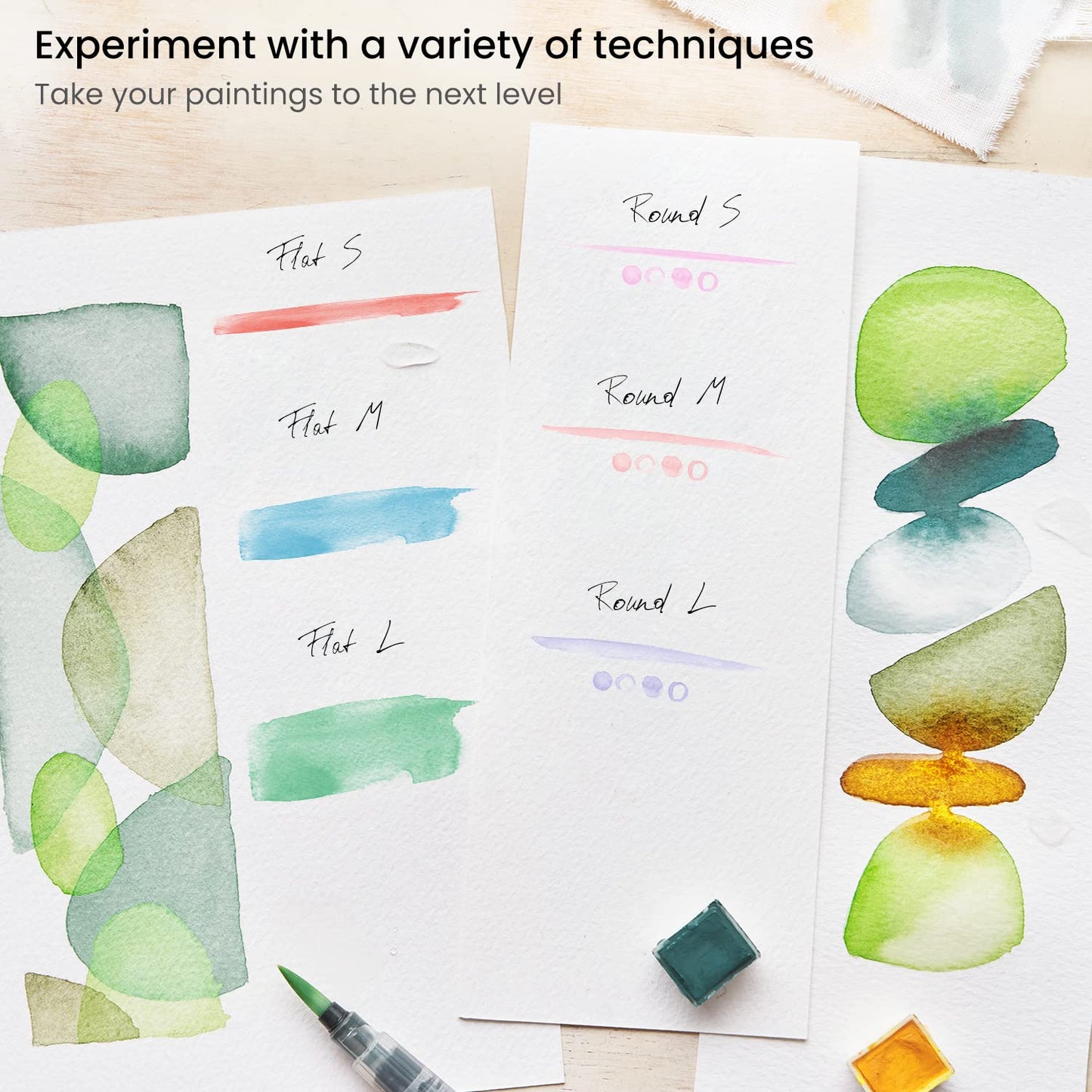 ARTEZA Water Brush Pens for Watercolor, Set of 6, Round and Flat Nylon Tips