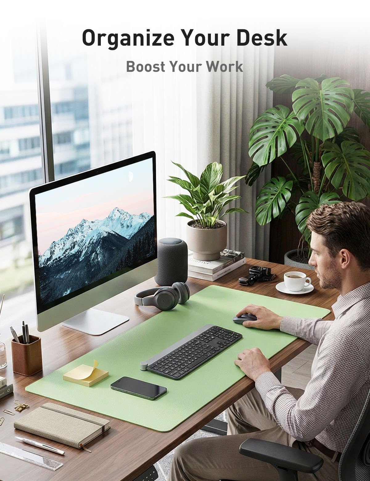 Aothia Faux Leather Desk Mat - Non-Slip PU Leather Desk Blotter, Waterproof Writing Surface, Large