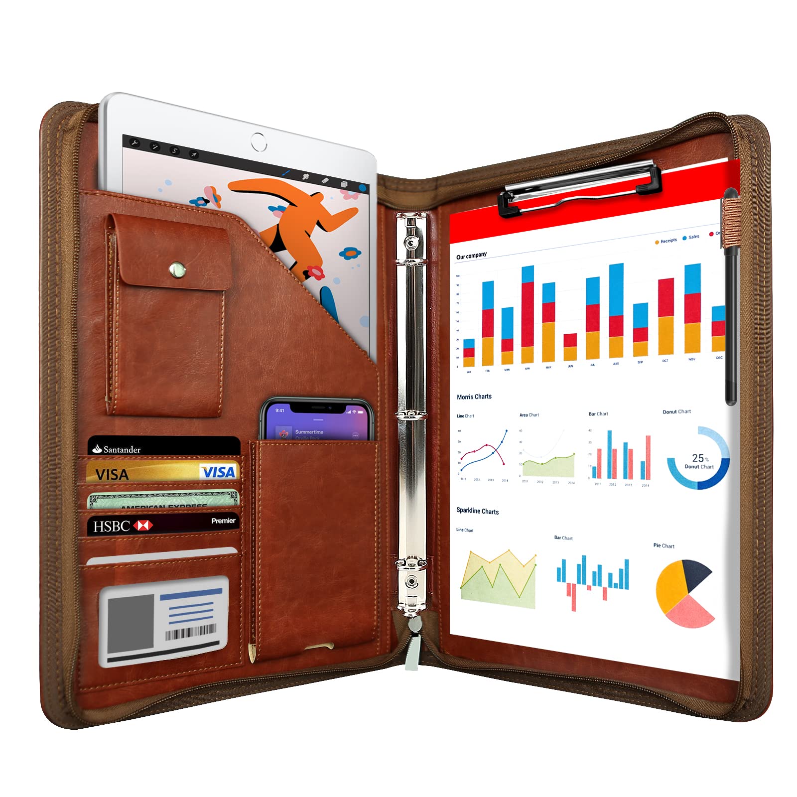 WRIYES Zippered Portfolio Organizer with 3 Ring Binder, Brown