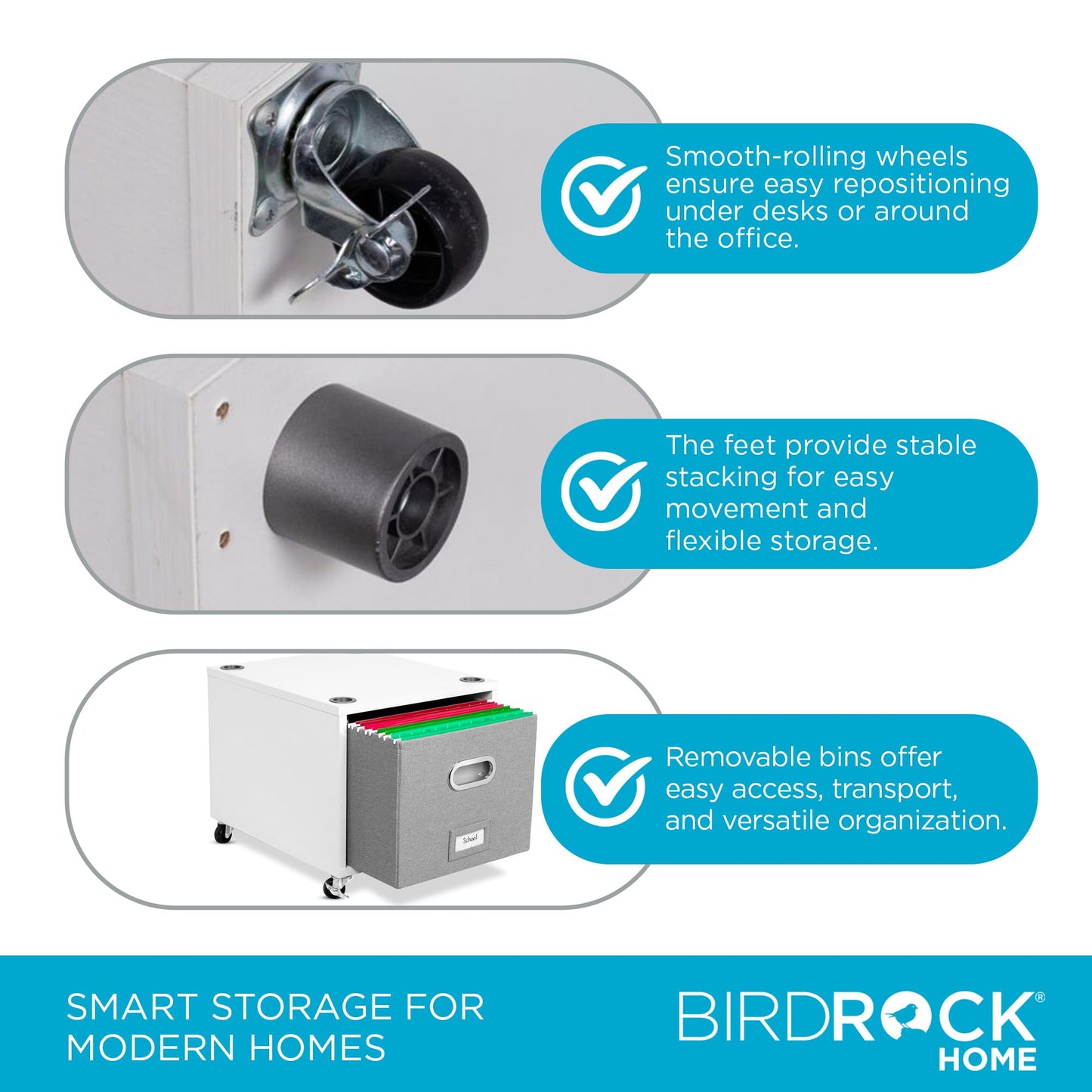 BIRDROCK HOME Rolling File Cabinet – Decorative Storage Shelf w/Removable Bins, Handles, and Wheels