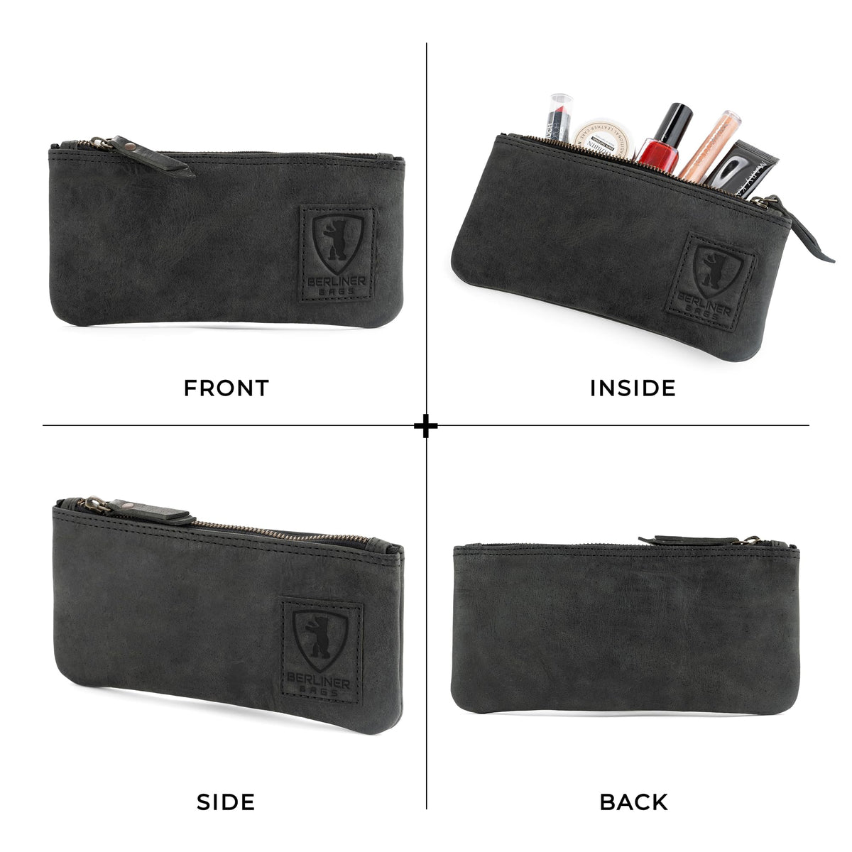 BERLINER BAGS Genuine Leather Pencil Case, Vintage Pen Pouch - Dark Grey