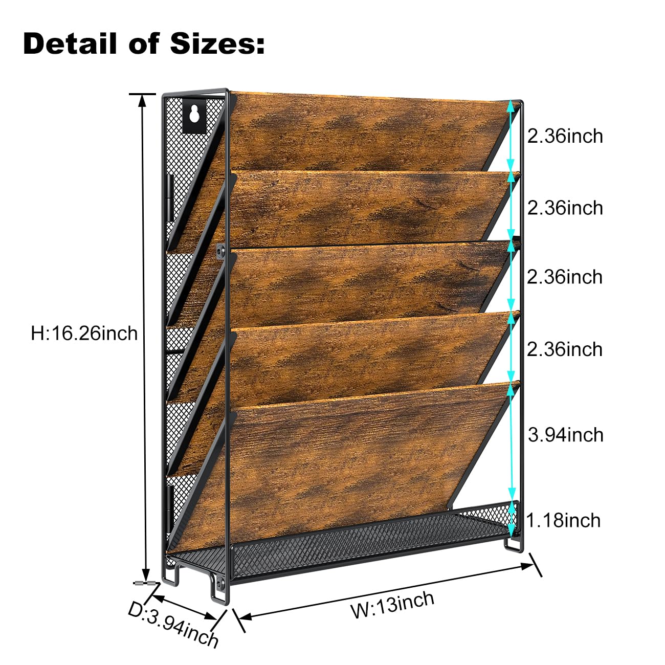 PAG-Mass Wall File Organizer for Office, 6-Tier Rustic Hanging File Holder Wall Storage Rack for