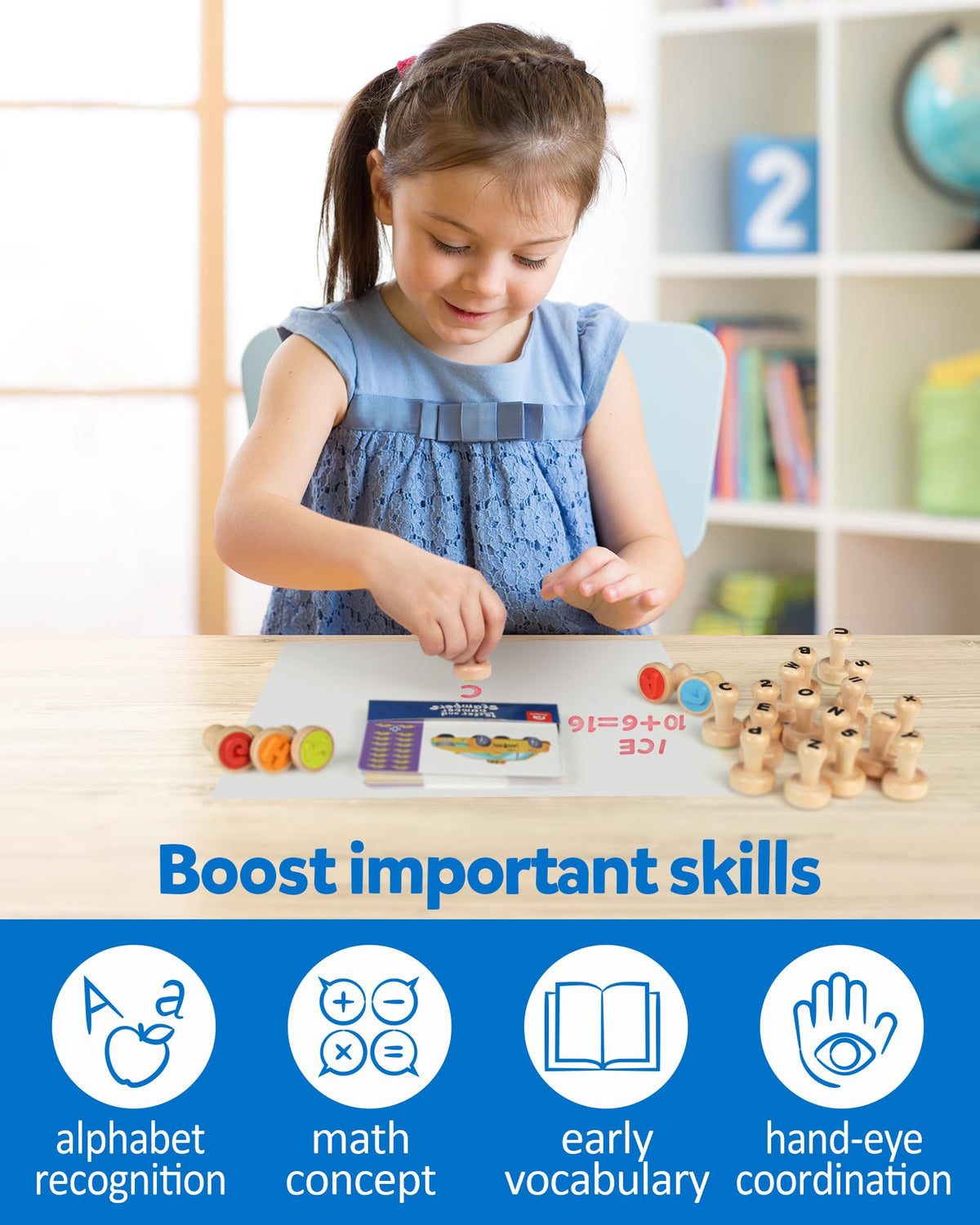 Coogam Wooden Alphabet Number Stamp Flashcard, ABC Spelling Letter Stampers and Mathematics