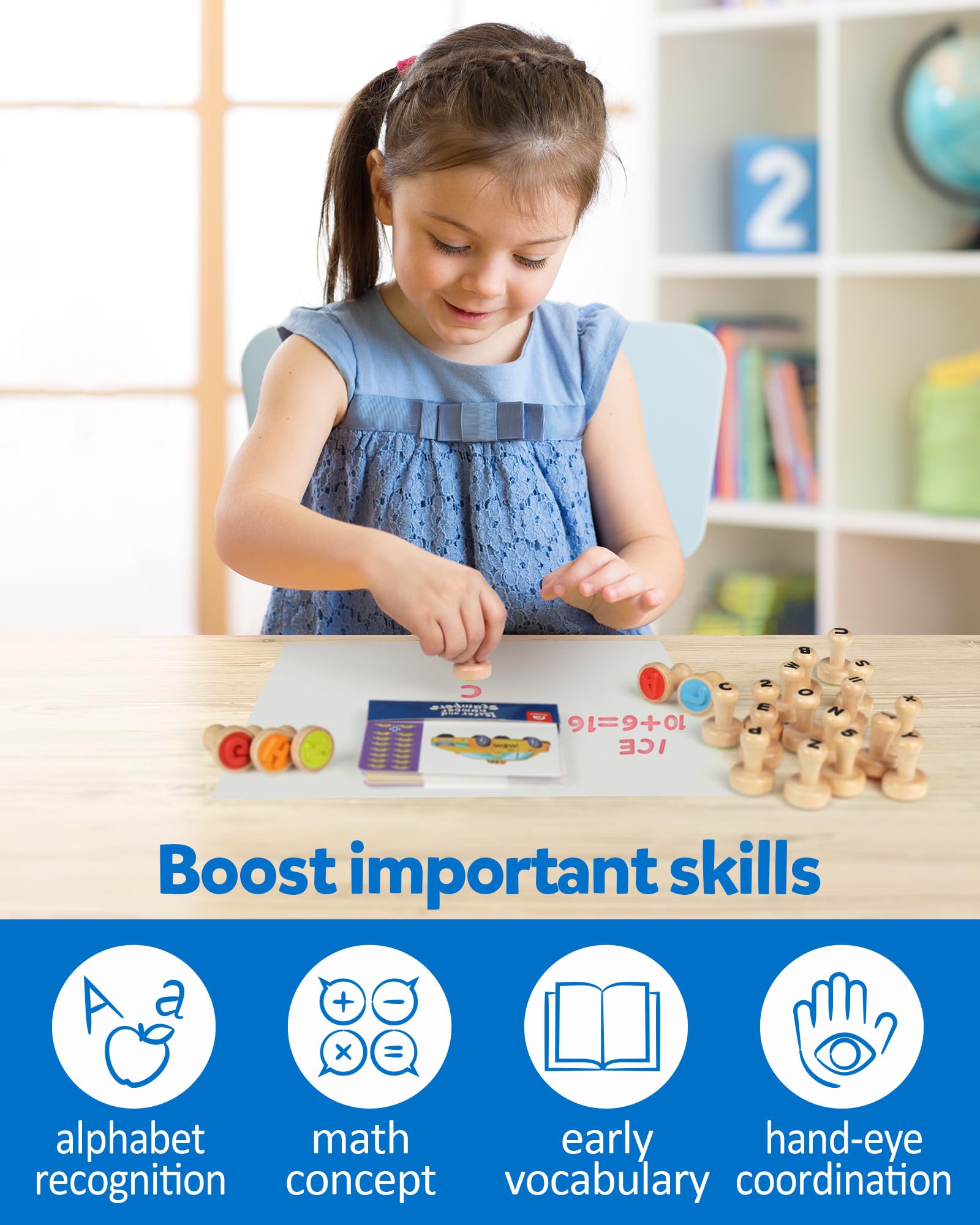 Coogam Wooden Alphabet Number Stamp Flashcard, ABC Spelling Letter Stampers and Mathematics