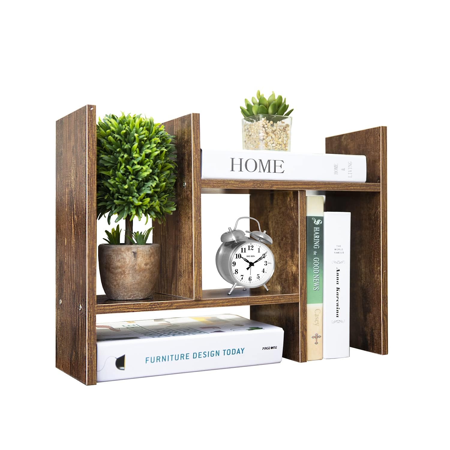BROWN-BROWN Adjustable Wood Desk Shelf Organizer Office Home Multipurpose Desktop Shelf, Display