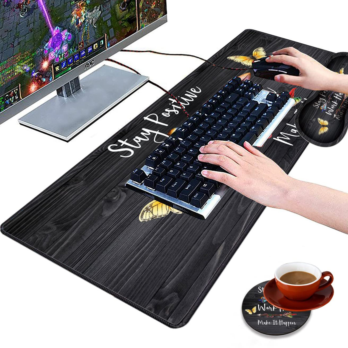 3 Piece Mouse Pad Set with Stitched Edge Large Anti-Slip Mouse Pad Desk Pad Keyboard Pad + Wrist