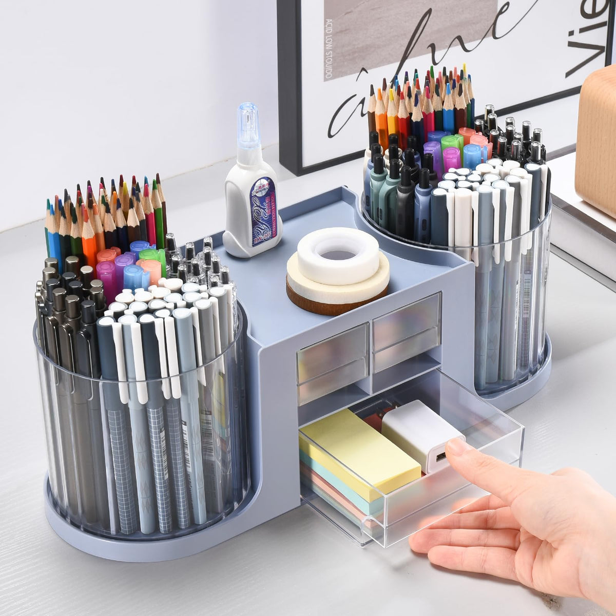 KLIONGO Rotating Desk Organizer with 2 Pen Holder, Desk Organizers and Accessories with 10 Slots