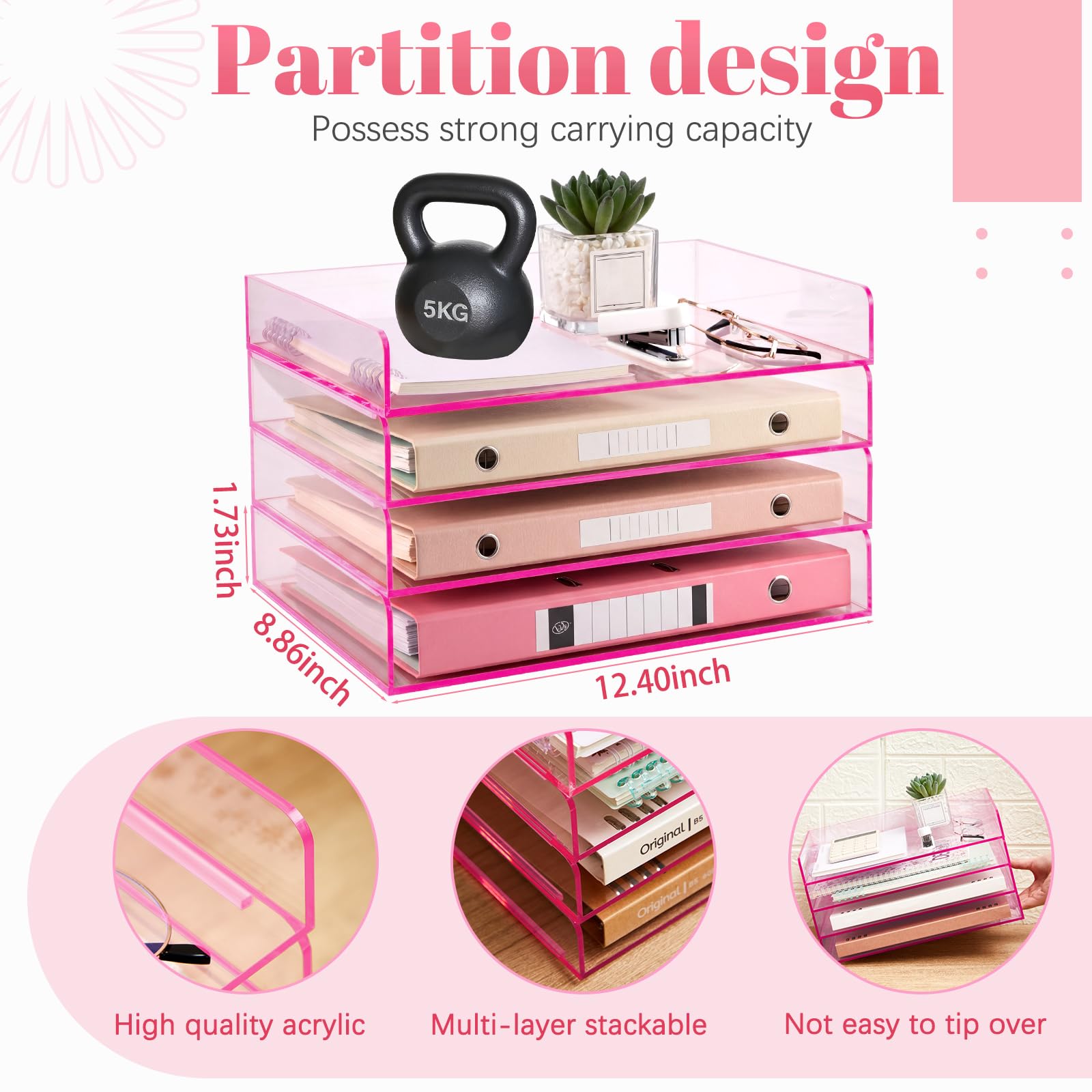 Harloon 4 Tier Clear Hot Pink Acrylic Paper Organizer Letter Tray, Aesthetic Stackable Low Profile