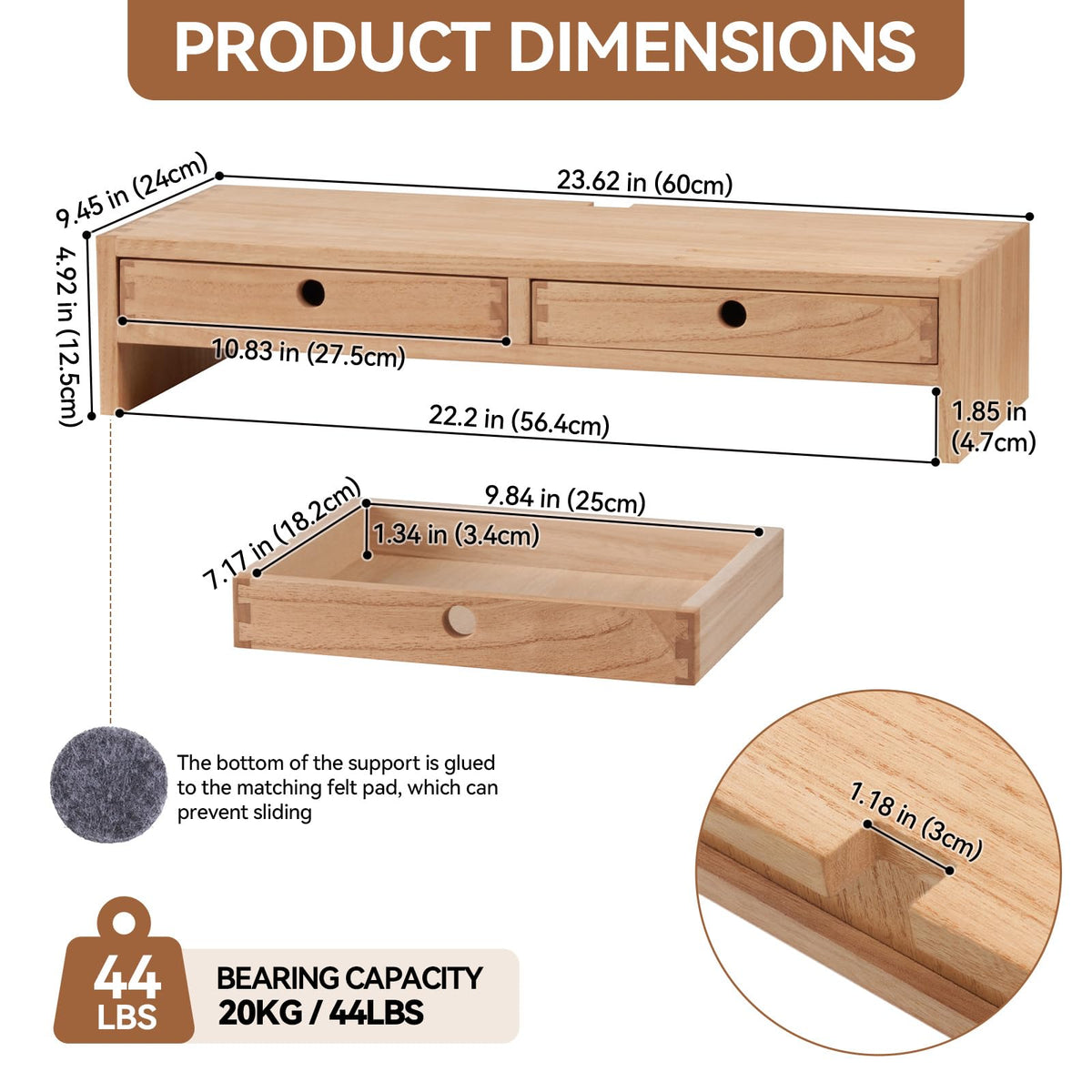 KIRIGEN Solid Wood Monitor Stand with 2 Drawers, Desk Riser, Natural PMJ-NA