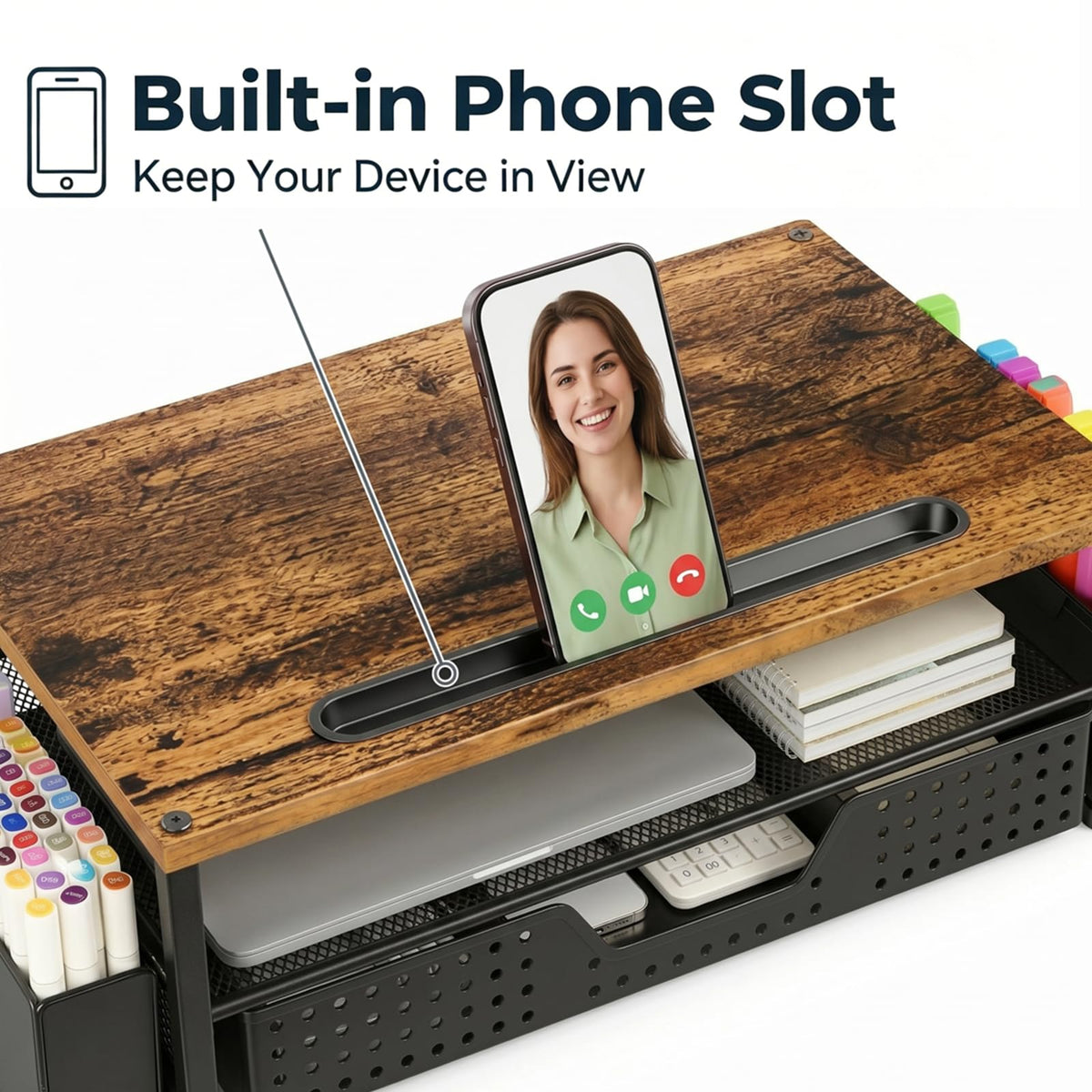 Desk Organizer and Accessories, 2-Tier Computer Monitor Stand Rise with Phone Holder, Drawer & 2