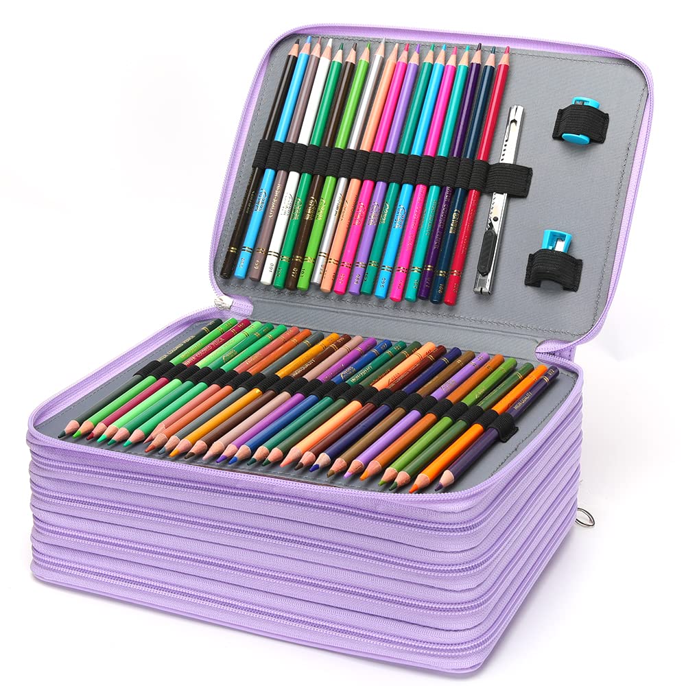Vomgomfom 252 Slots Pencil Case 5-Layer PU Leather, Handle, Purple