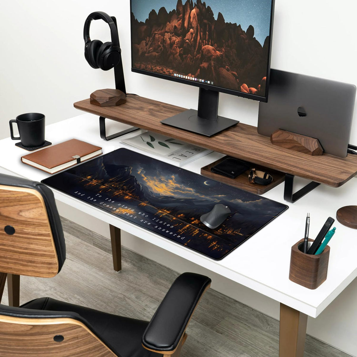 Starry Night Mountain Desk Pad Mat Moon Oil Painting XXL Black Mouse Pad for Gaming Deskpad