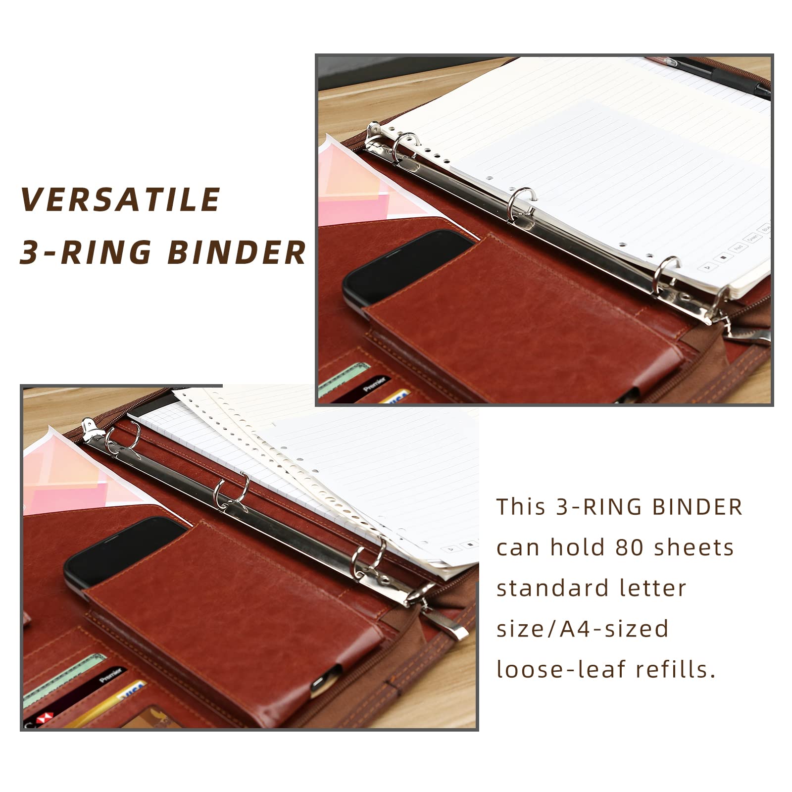 WRIYES Zippered Portfolio Organizer with 3 Ring Binder, Brown