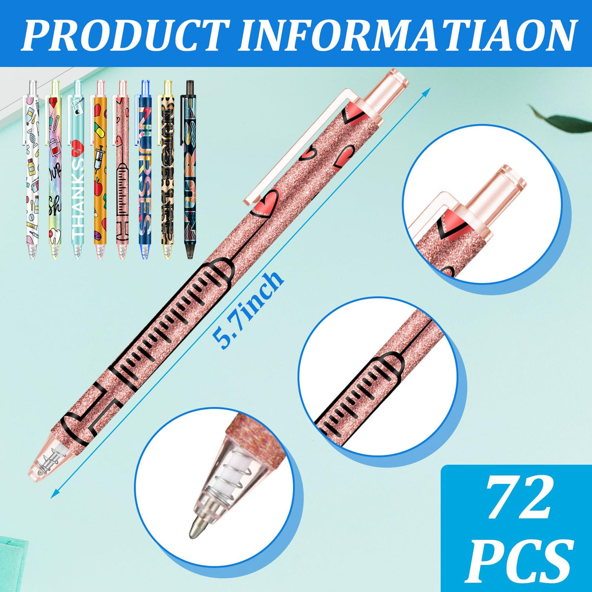 Leinuosen 72 PCS Funny Nurse Pens Bulk Cute Cartoon Nursing Retractable Pen Appreciation Gift Pens