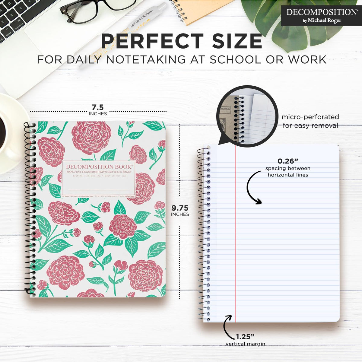 Decomposition Camellias College Ruled Spiral Notebooks – 9.75 x 7.5 Journal with 160 Lined Pages