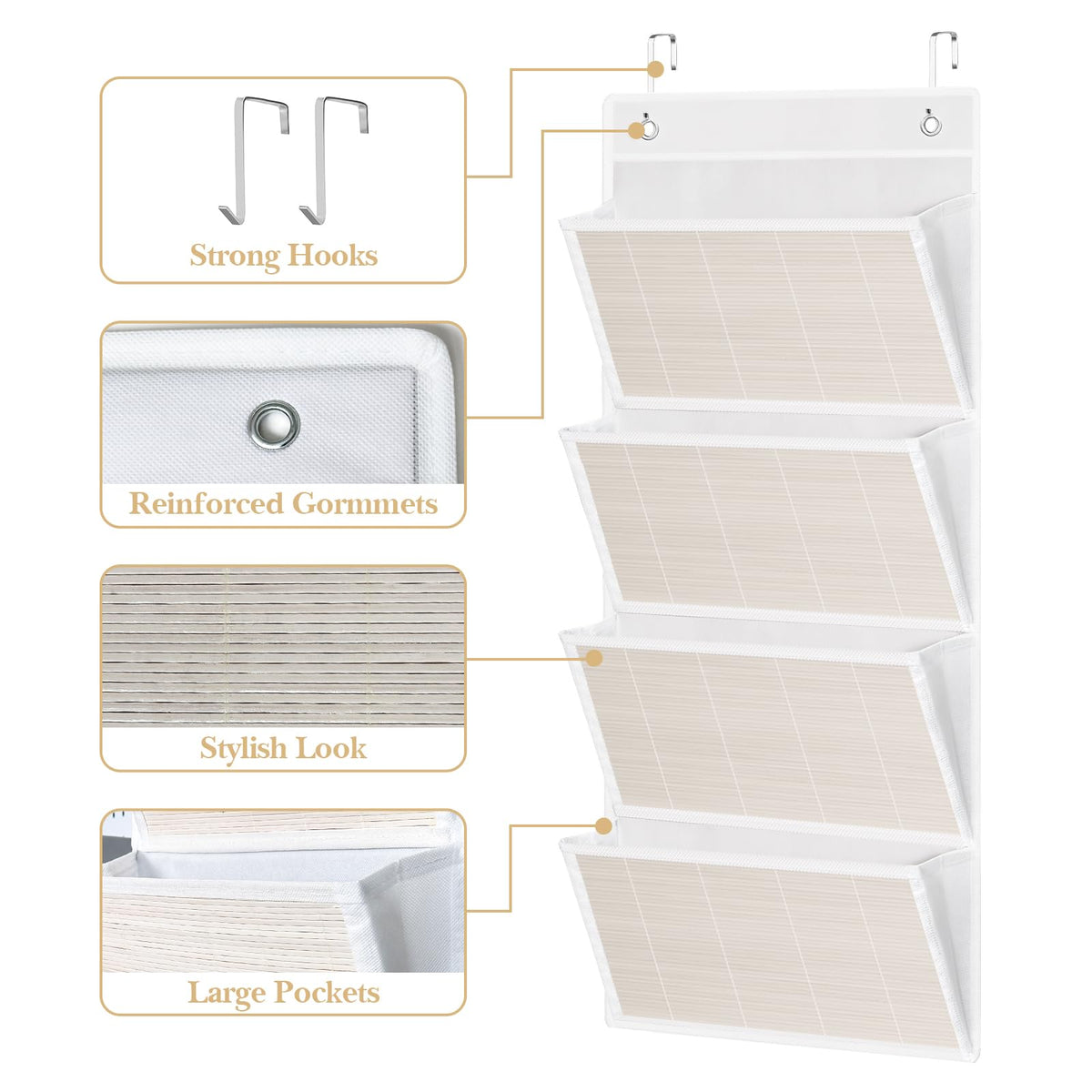 homyfort hanging wall file organizer, Over the door file folder organizer with 4 Large Bamboo