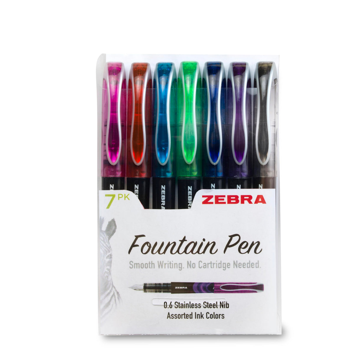 Zebra Pen Fountain Pen, Free-Flowing Liquid Assorted Ink, 0.6mm, 7-Pack