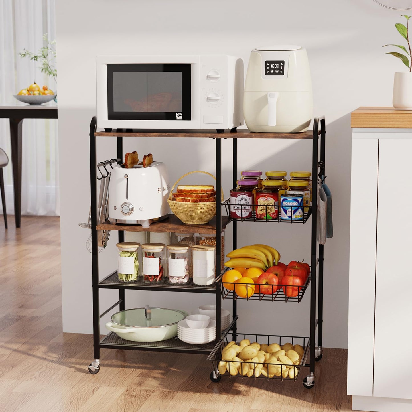HapiRm Rolling Kitchen Microwave Cart - 4 Tier Microwave Table Stand with Pull-Out Baskets, Coffee