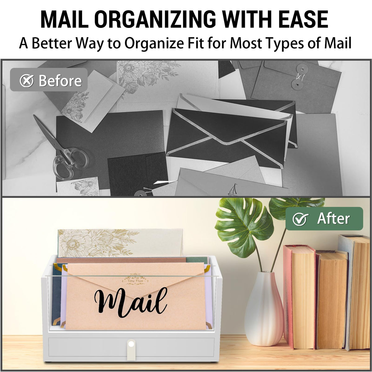 Two-Layer Solid Wooden Mail Storage Organizer Holder with Clear Acrylic Top and Bottom Drawer