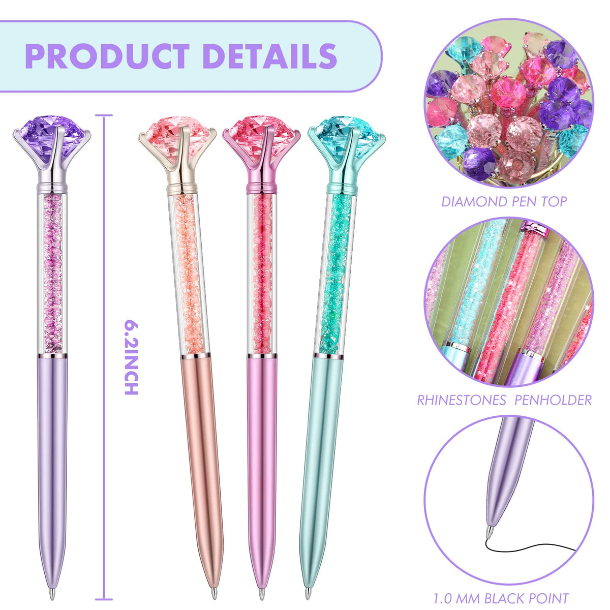 Zhehao 60 Pcs Diamond Pens Bulk Crystal Top, Rhinestone Pens, Classic Color