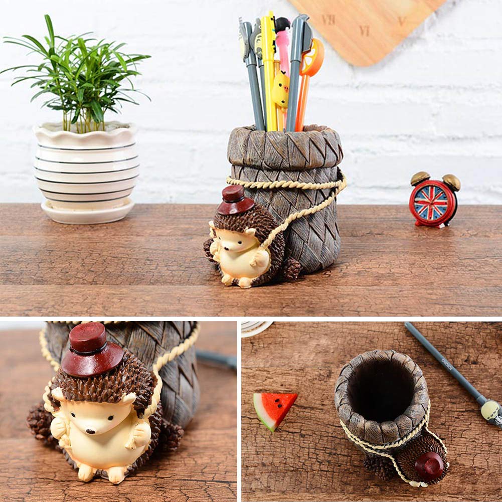 Lependor Cute Hedgehog Desk Pen Pencil Pot Holder, Toothbrush Holder, Resin Desktop Organizer