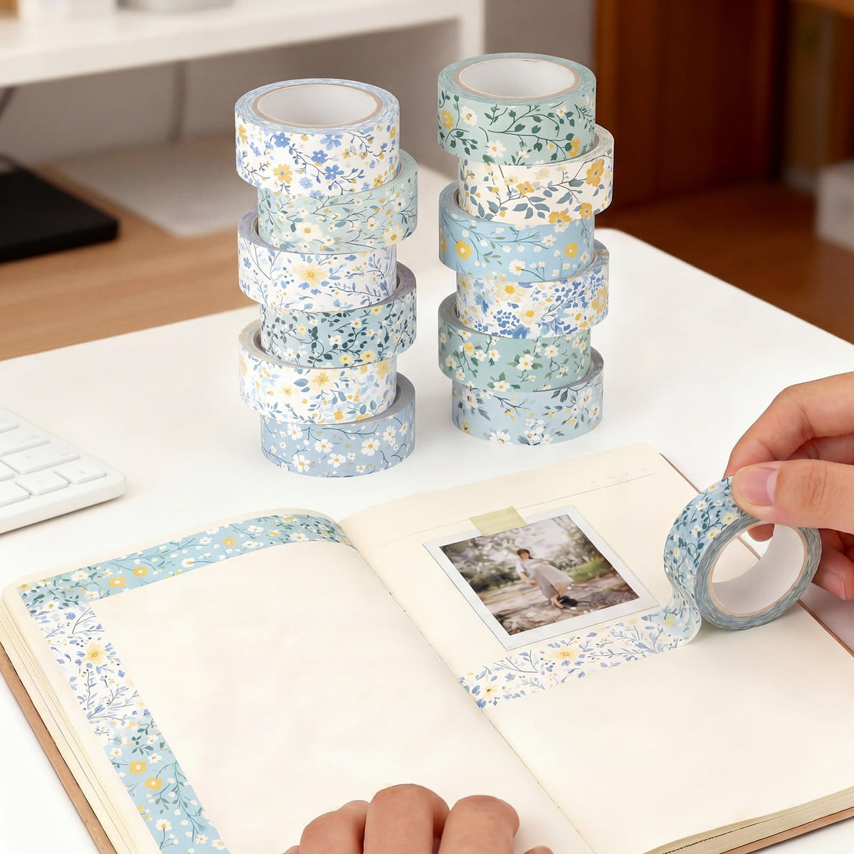 YooNotee 12 Rolls Floral Washi Tape Set,Blue,Wildflower