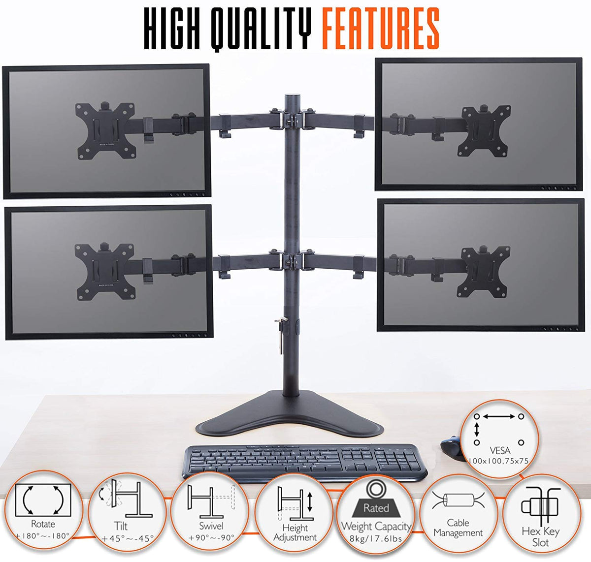 Stand Steady 4-Monitor Mount | Height-Adjustable Stand with Stabilizing Base - Fits Most LCD/LED