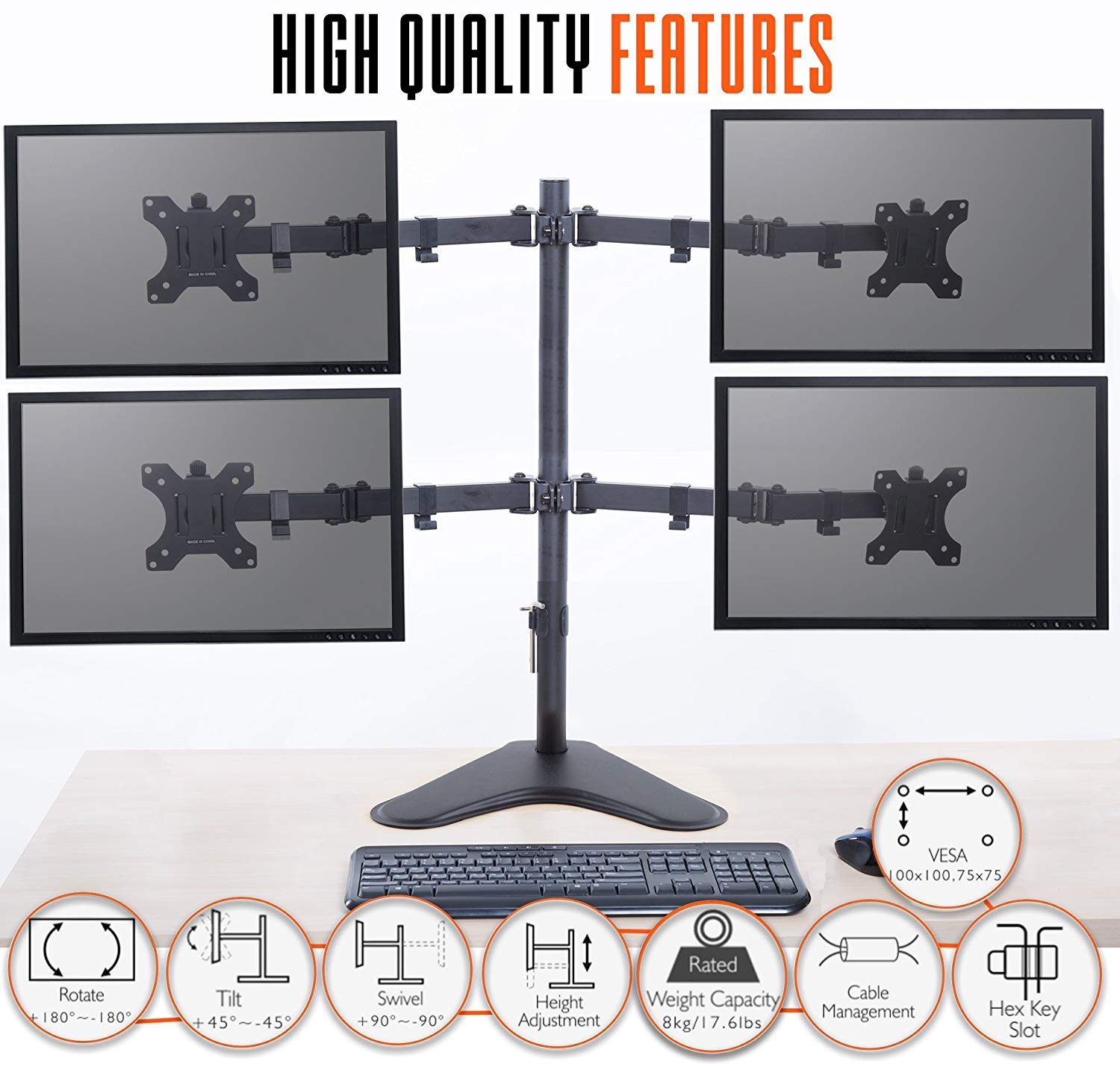 Stand Steady 4-Monitor Mount | Height-Adjustable Stand with Stabilizing Base - Fits Most LCD/LED