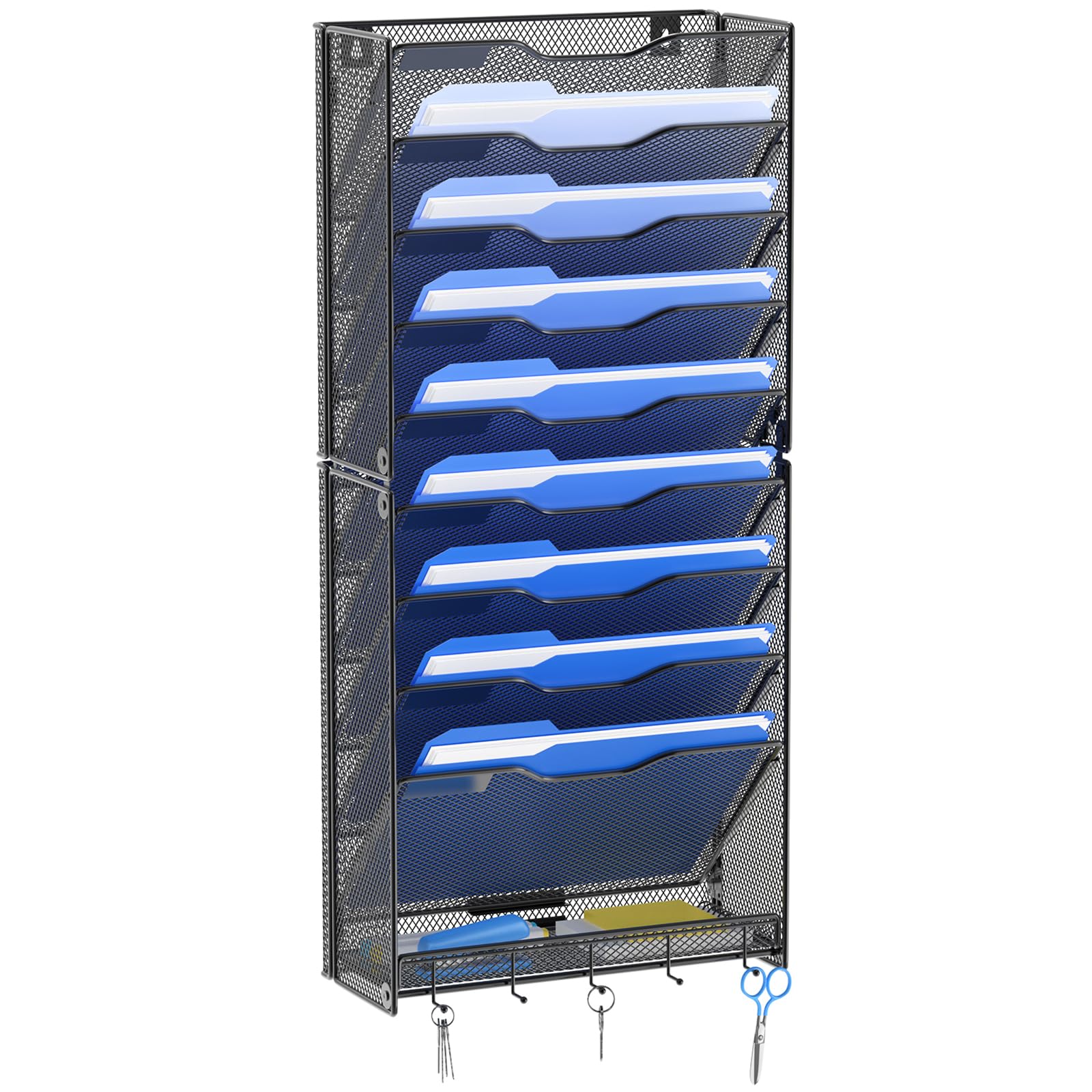 OUTWOLF 10 Tier Hanging Wall File Organizer Wall Mount Paper Document Folder Holder with Hooks for