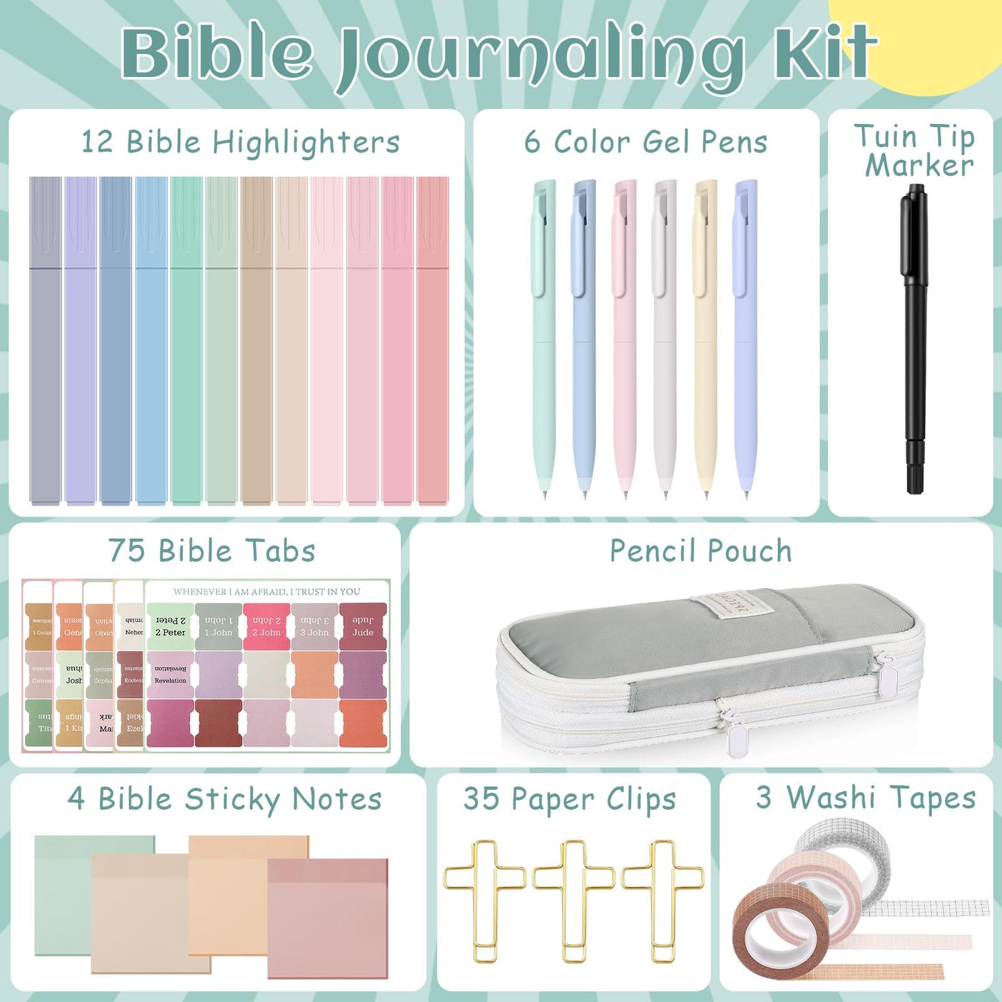Dunzoom 137 Pcs Bible Study Supplies Journaling Kit 1 Pencil Case 12 Highlighters 4 Sticky Notes 6