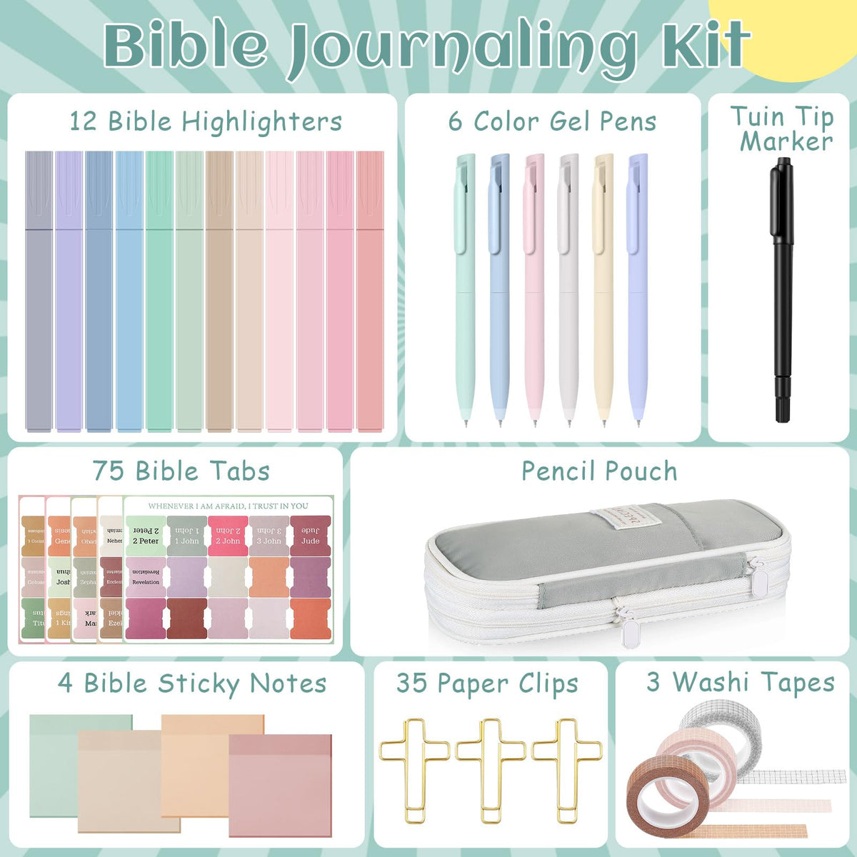 Dunzoom 137 Pcs Bible Study Supplies Journaling Kit 1 Pencil Case 12 Highlighters 4 Sticky Notes 6