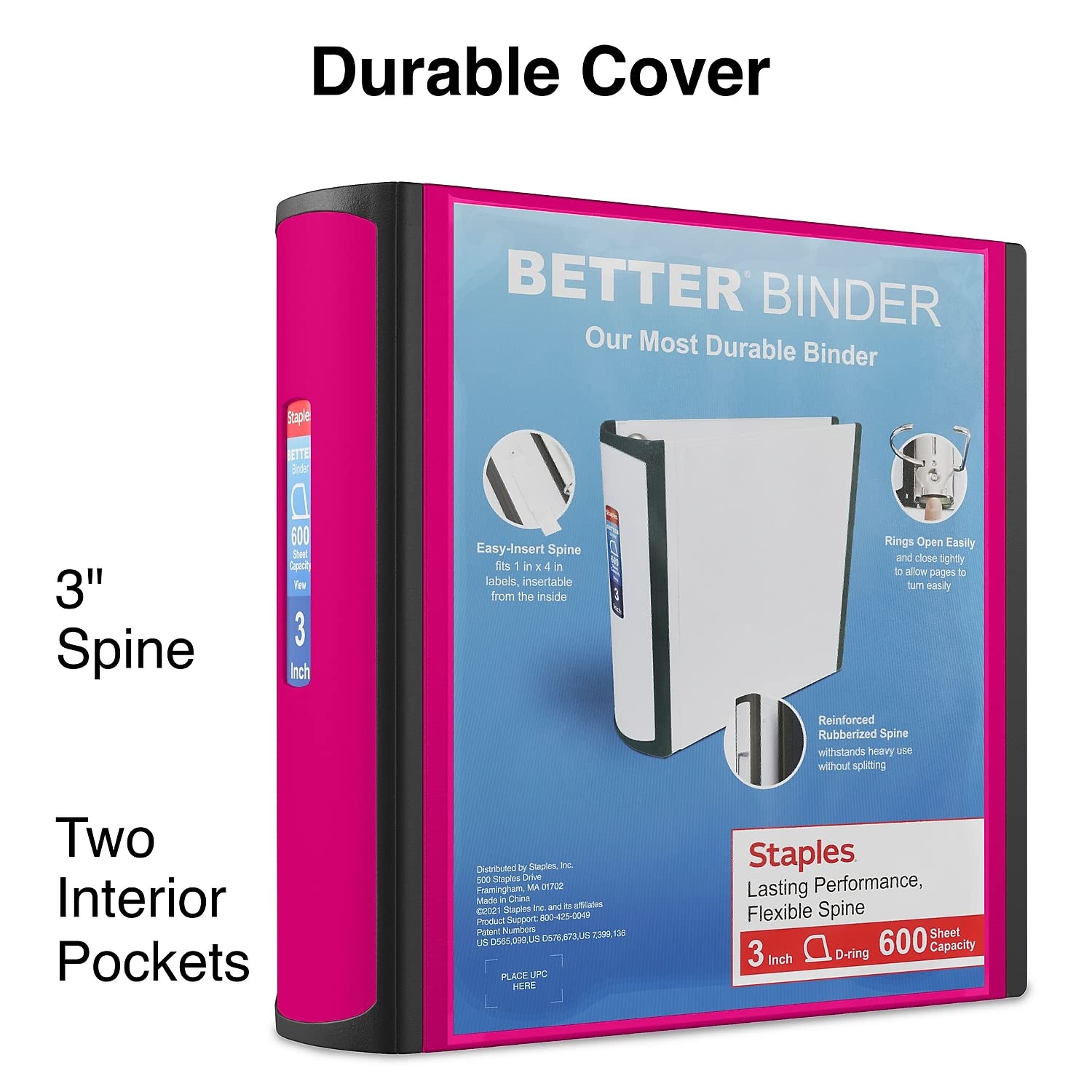 Staples Better Binder, 3 Inch D-Ring, Pink, 600 Sheets, 2-Pack
