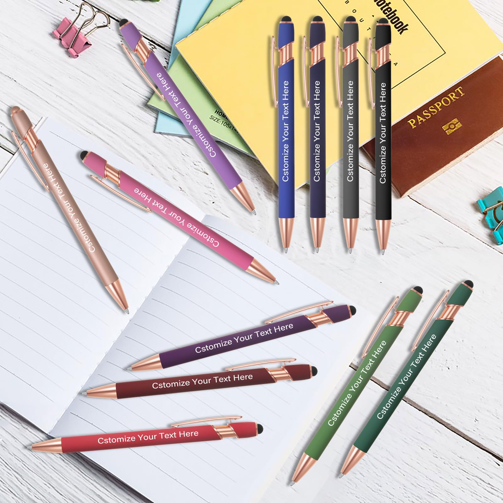 Kingluu 12 Pcs Personalized Ballpoint Pens with Stylus Tip,Free Engraving Black Ink Customized Pen