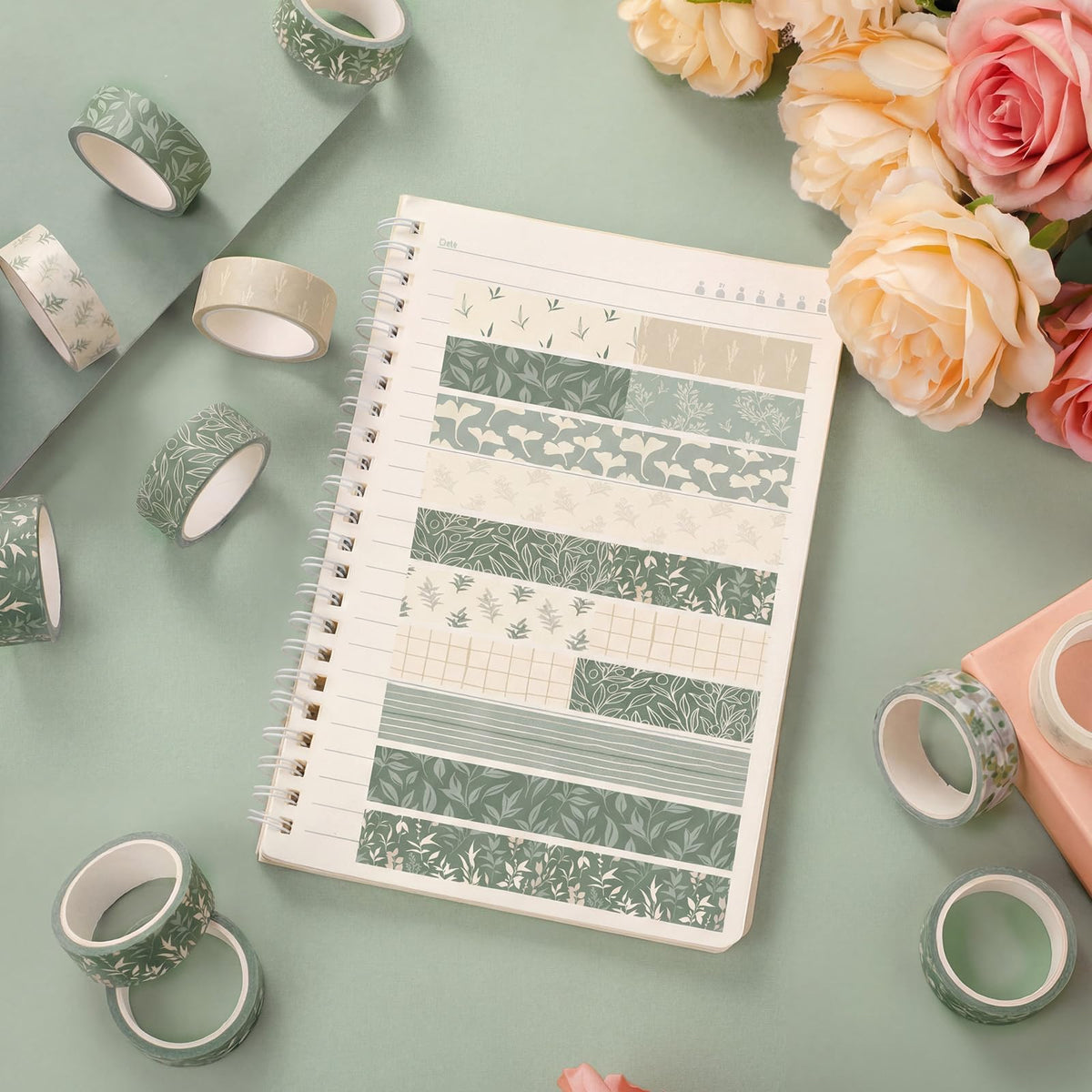 YooNotee 12 Rolls Floral Washi Tape Set,Sage Green,Leaves