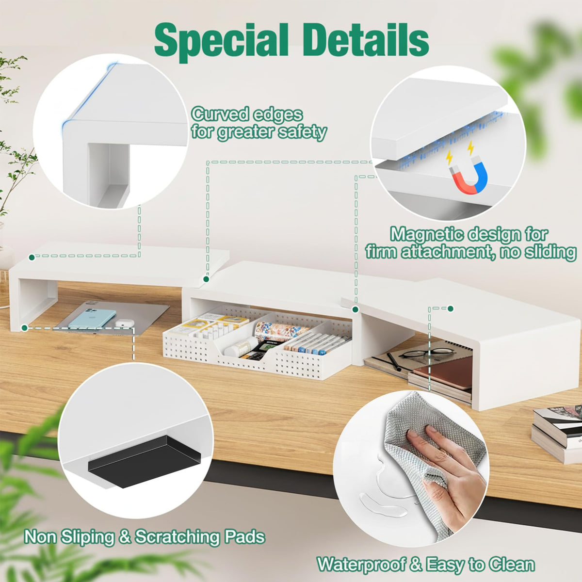 OPNICE Dual Computer Monitor Stand Riser, Desk Organizer with Drawer, Office Desk Accessories &