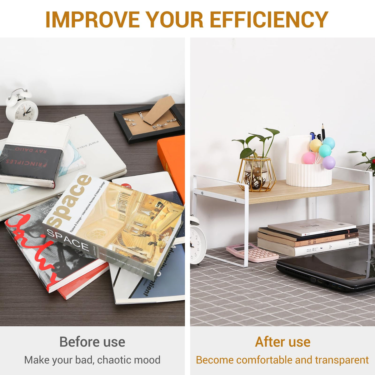 YGYQZ Desk Shelf Organizer for Top of Desk, 1-Tier Desktop Bookshelf, White & Wood