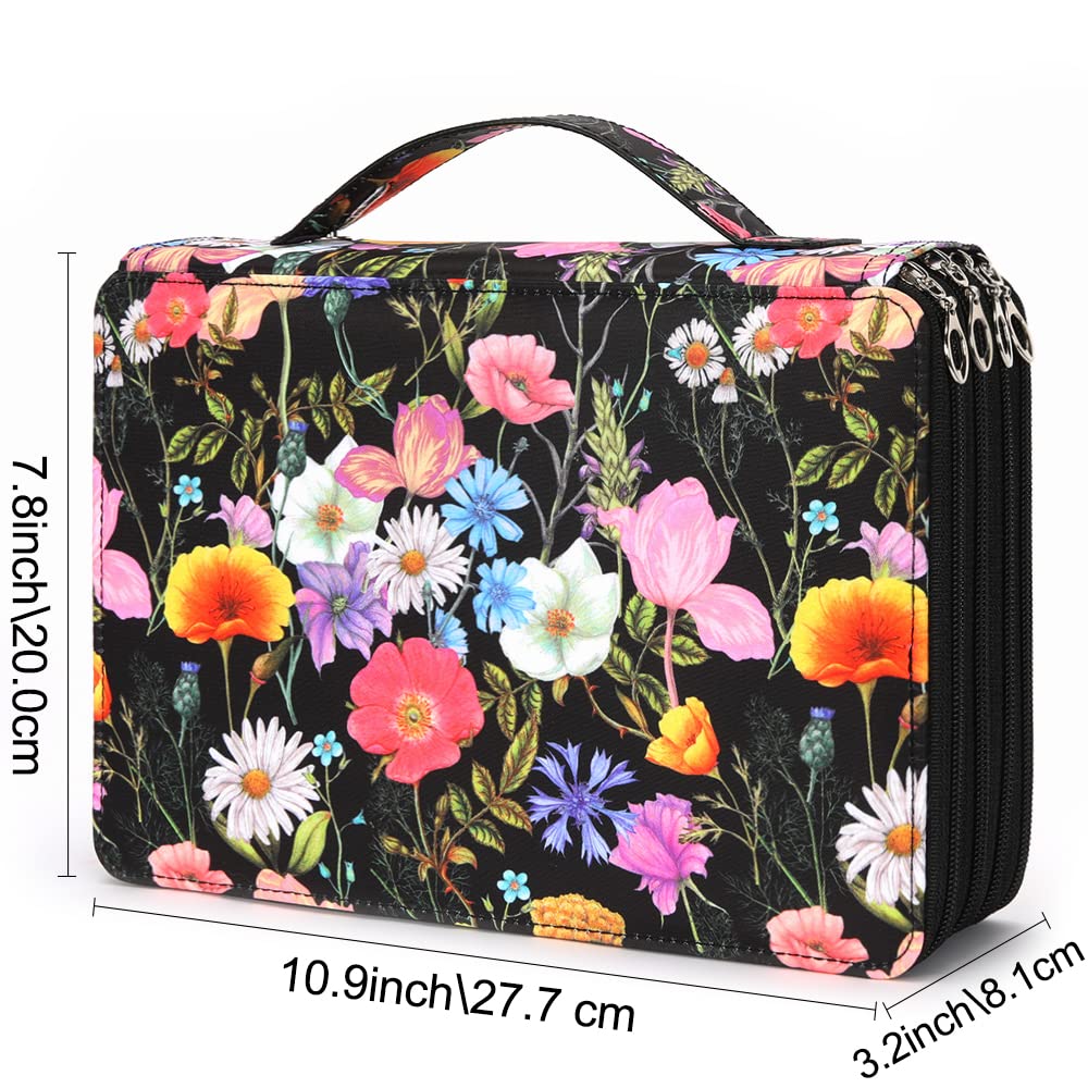 Vomgomfom 200 Slots Pencil Case 4-Layer PU Leather, Handle, Black Flower