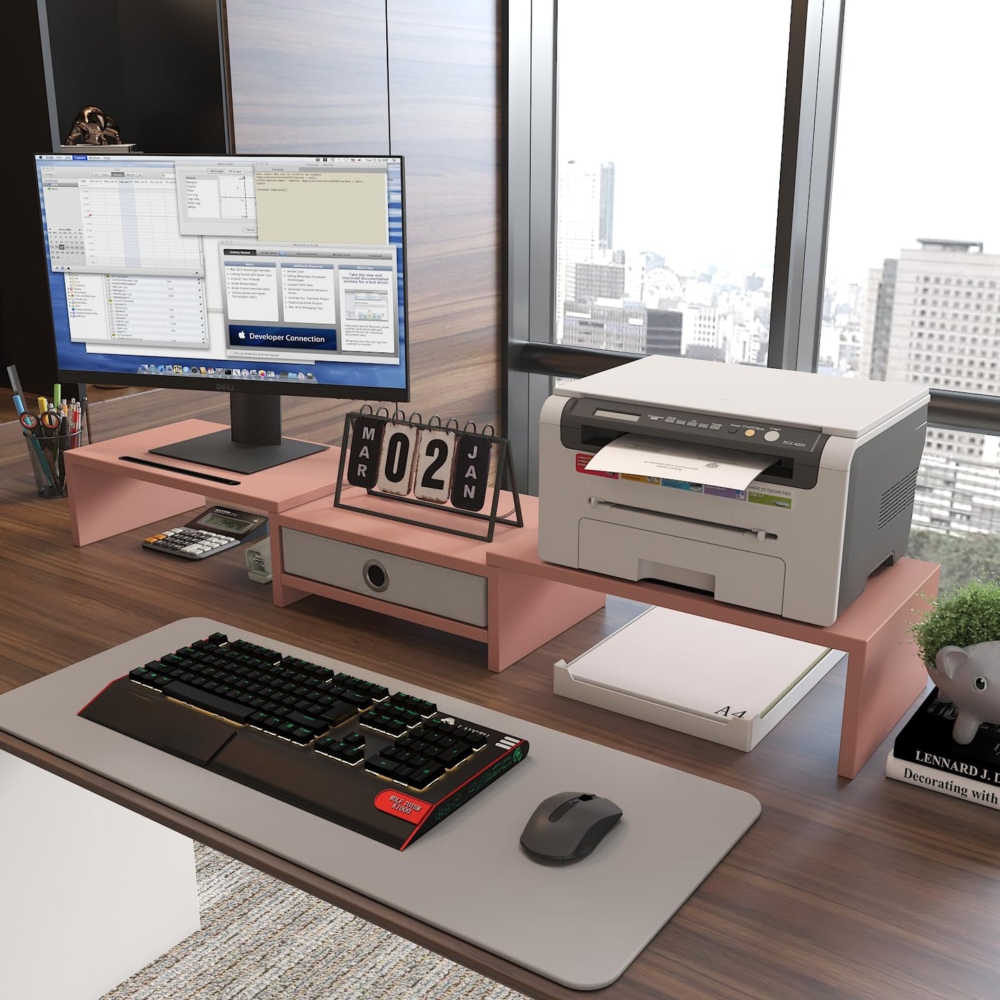 WESTREE Dual 3 Shelf Computer Riser with Drawer, Adjustable Length and Angle, Desktop 2 Monitor