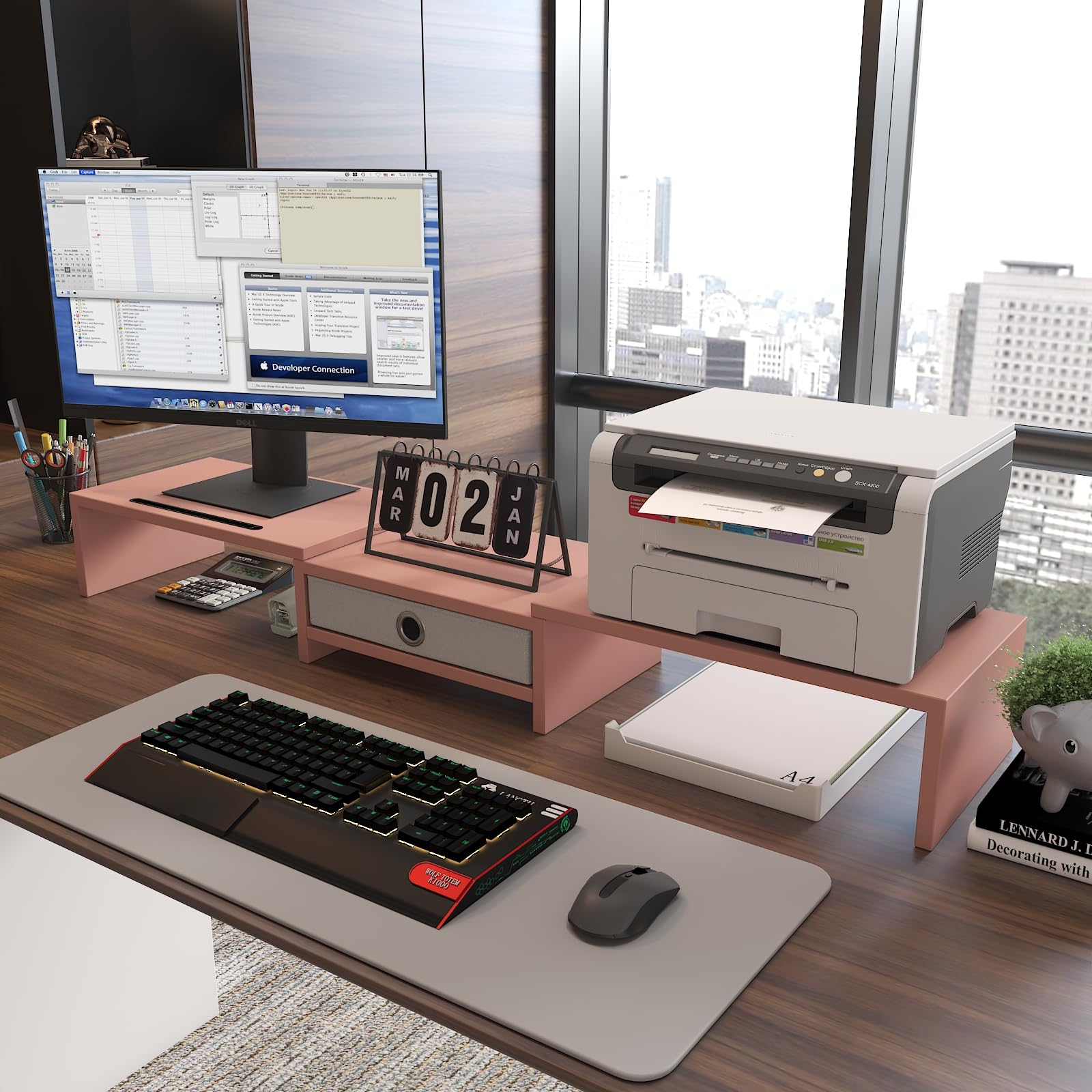 WESTREE Dual 3 Shelf Computer Riser with Drawer, Adjustable Length and Angle, Desktop 2 Monitor