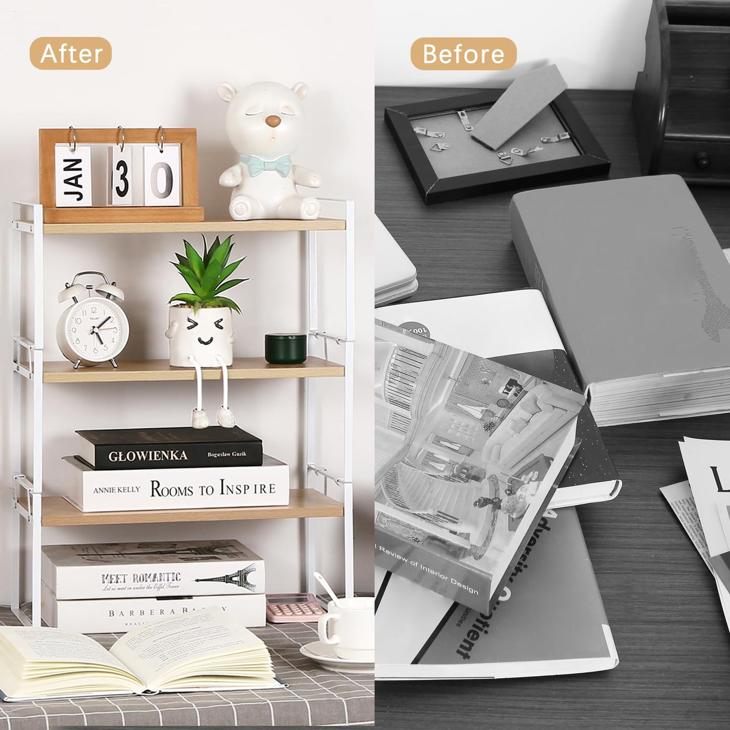 YGYQZ Desk Shelf Organizer for Top of Desk, 3-Tier Desktop Bookshelf, White & Wood